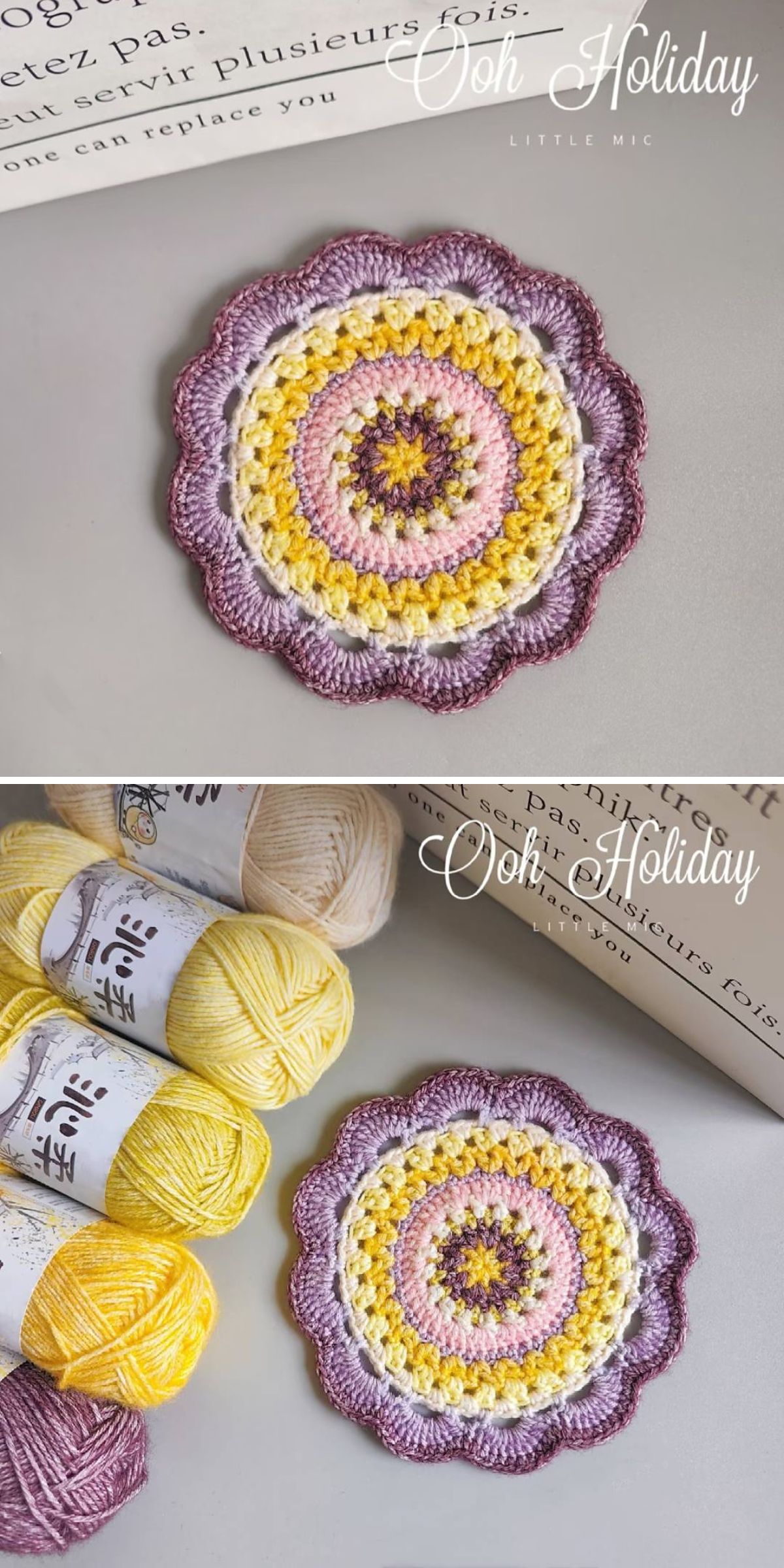 a yellow and violet crochet coaster
