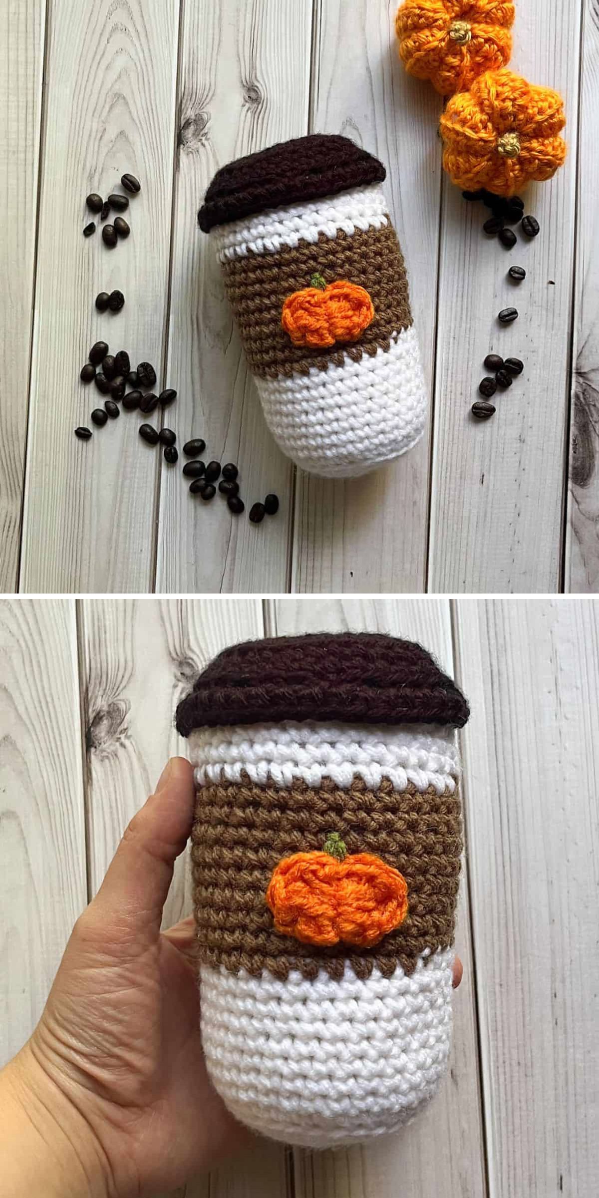 Two photos feature a crocheted cup resembling a to-go coffee cup with a pumpkin design, crafted using crochet drink patterns. Coffee beans are scattered nearby, along with two crocheted pumpkins on a wood surface.