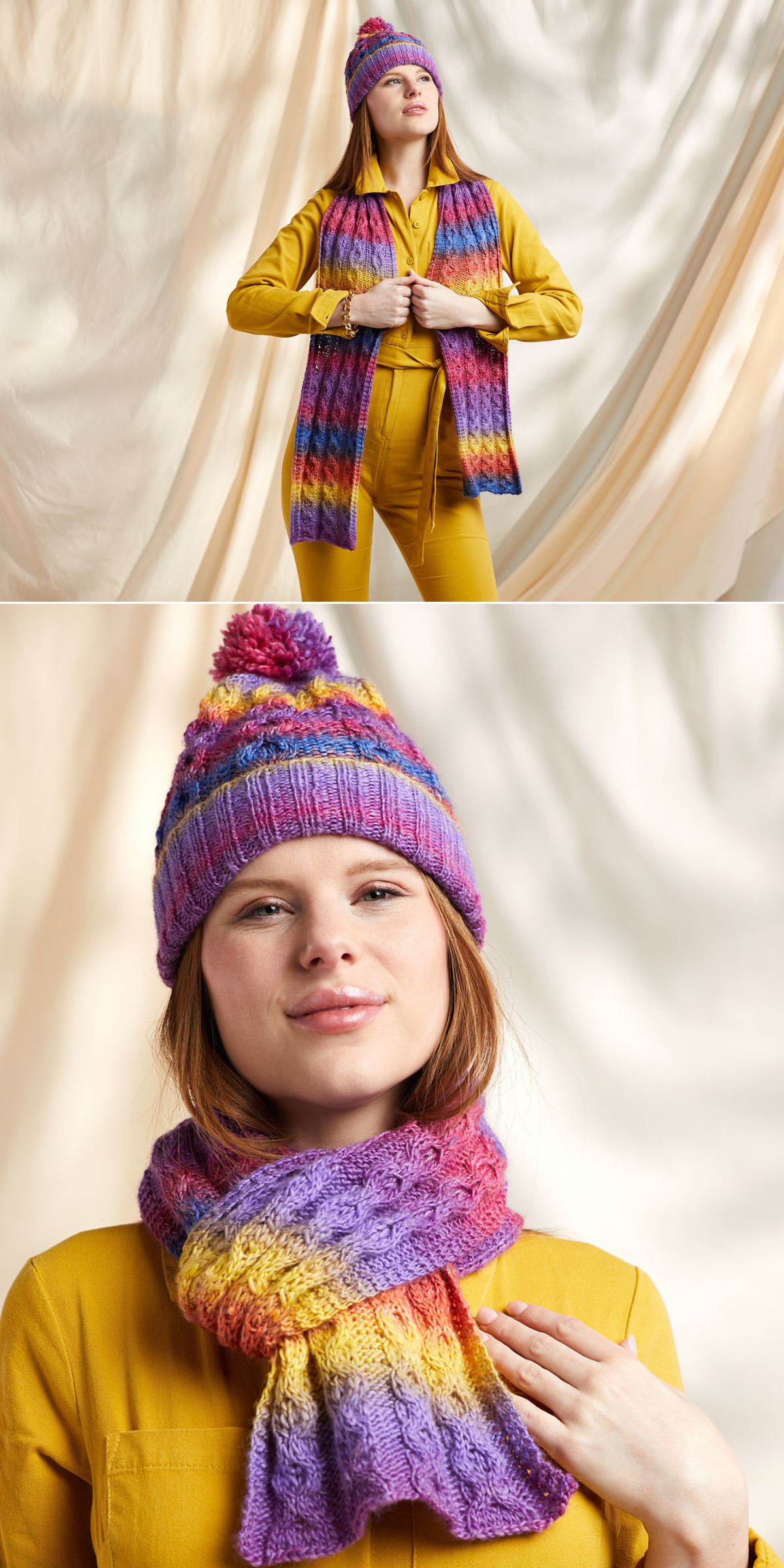 a knitted set including a beanie and a scraf in gradient colorway