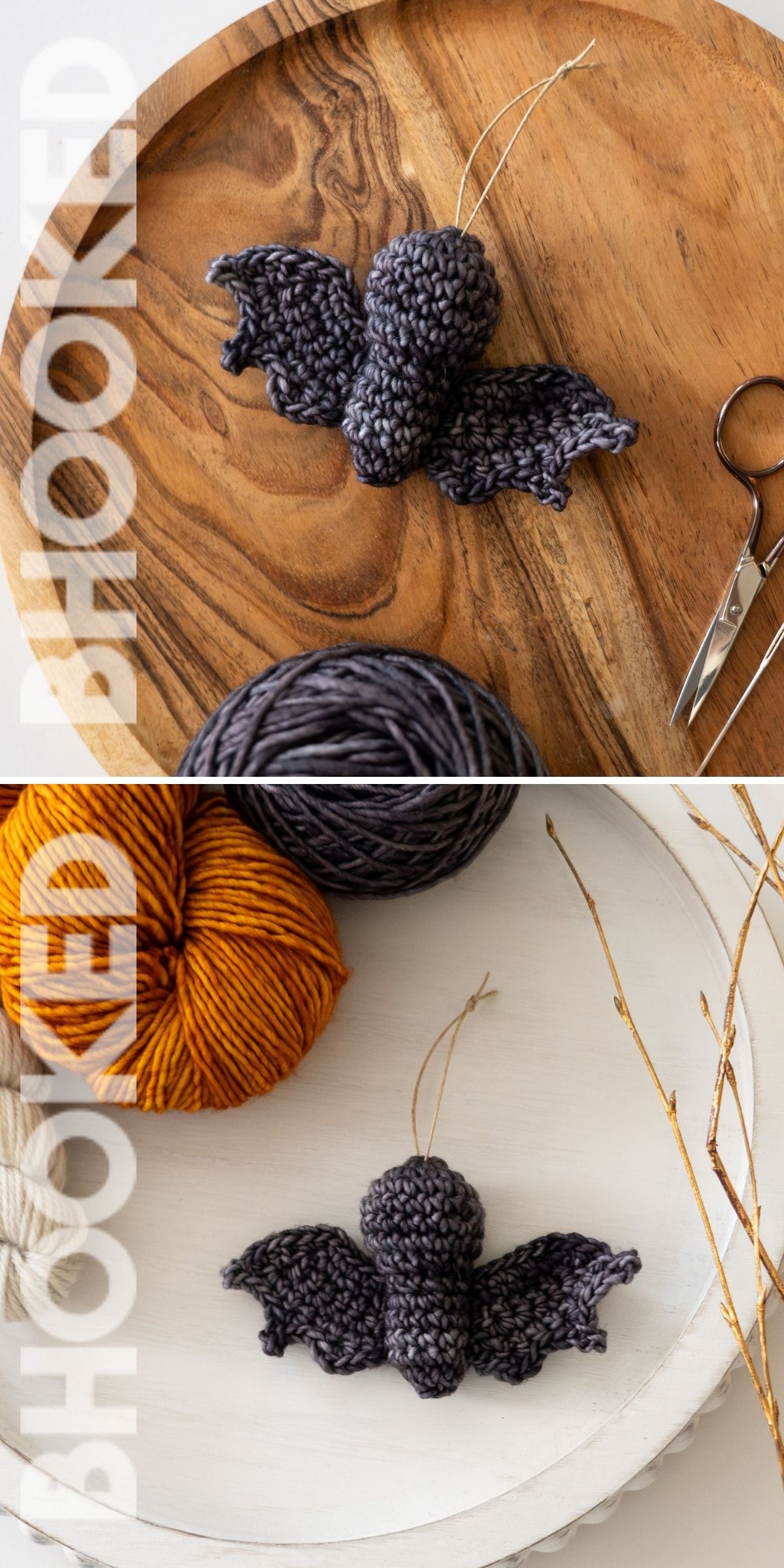 Two photos show a small crochet bat with wire in its wings, displayed on wooden and white plates, next to yarn balls and scissors.