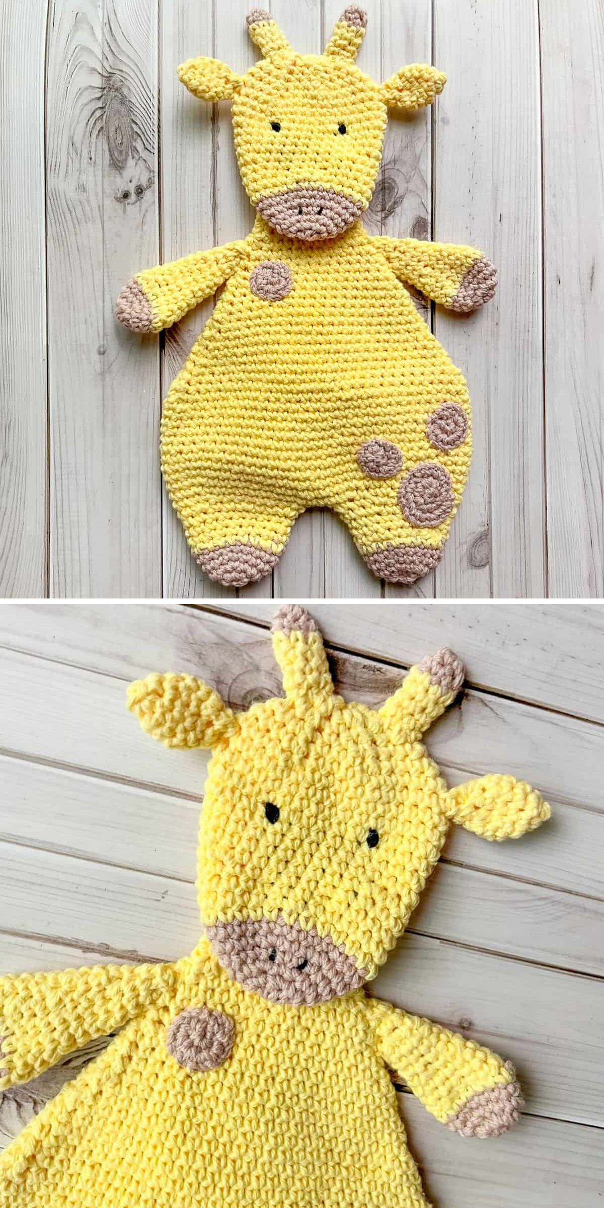 A crochet baby lovey, styled as a yellow giraffe with brown spots and a textured body, is displayed on a light wooden surface. A close-up highlights the sweet face and charming details.