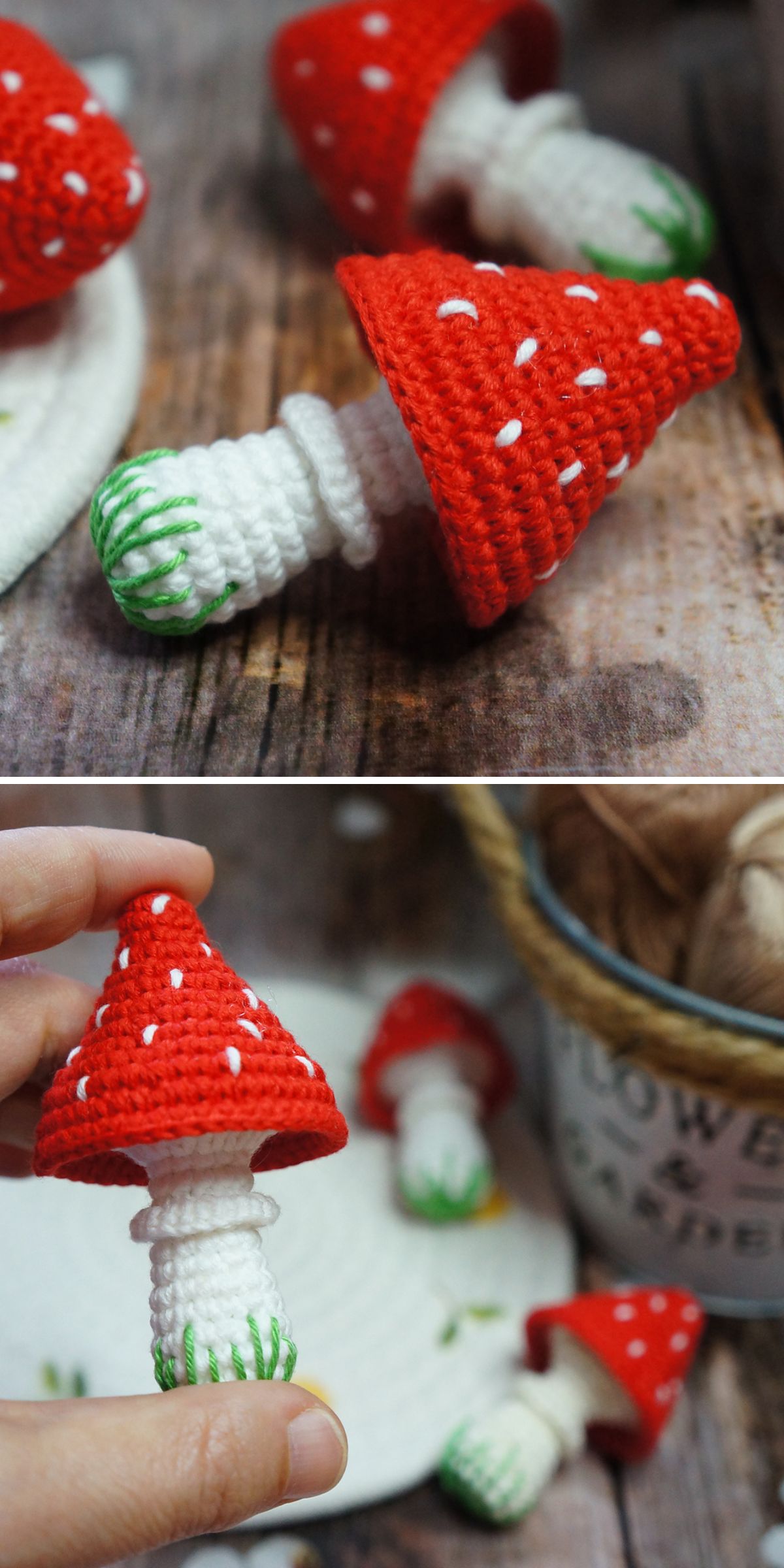 Two photos show a hand holding a crochet mushroom amigurumi with a red cap and white stem, surrounded by similar crocheted mushrooms and yarn in the background.