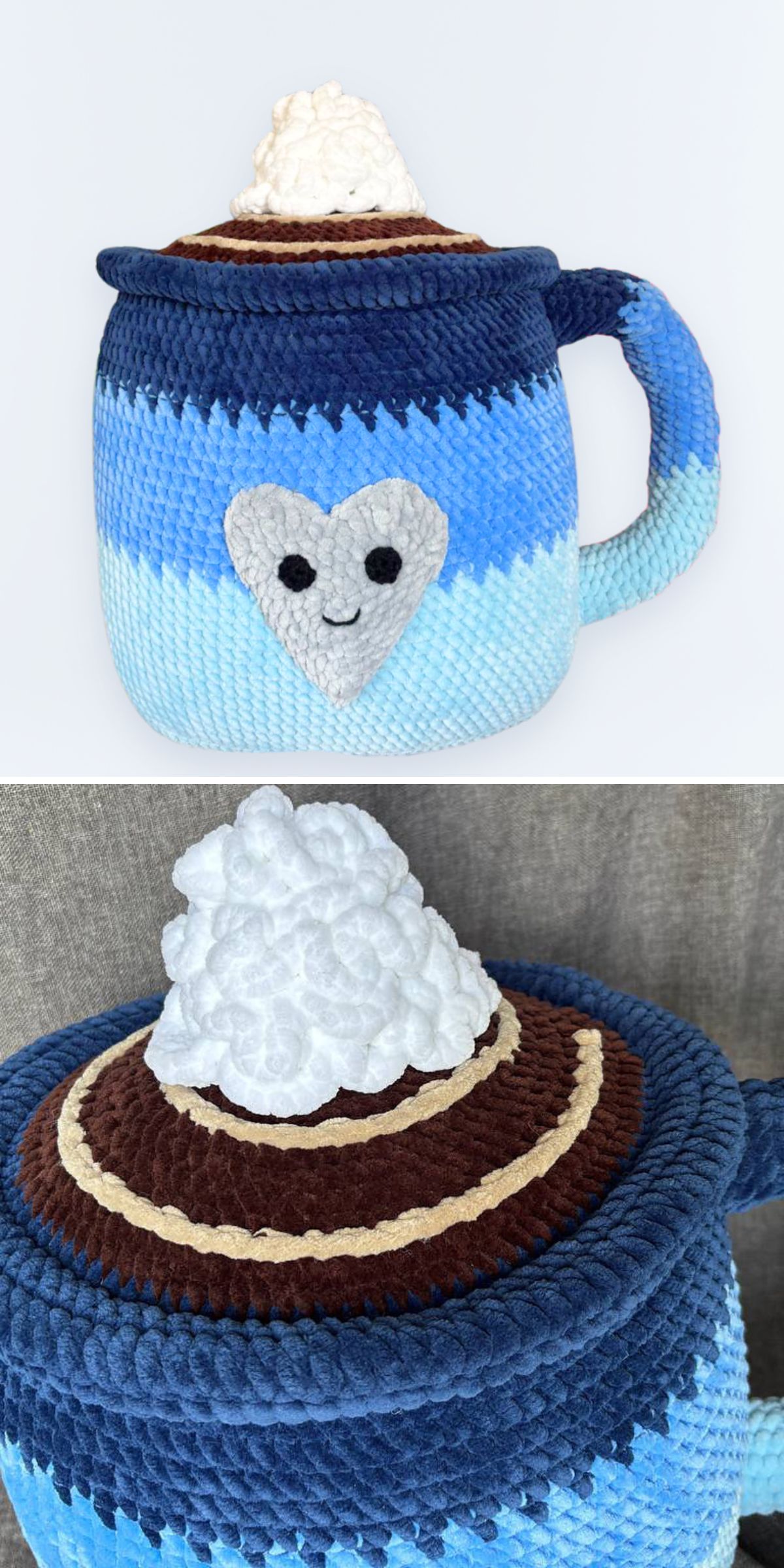 A plush toy shaped like a blue mug with a handle, smiling face, and a swirl of white whipped cream on top — perfect inspiration for crochet drink patterns.