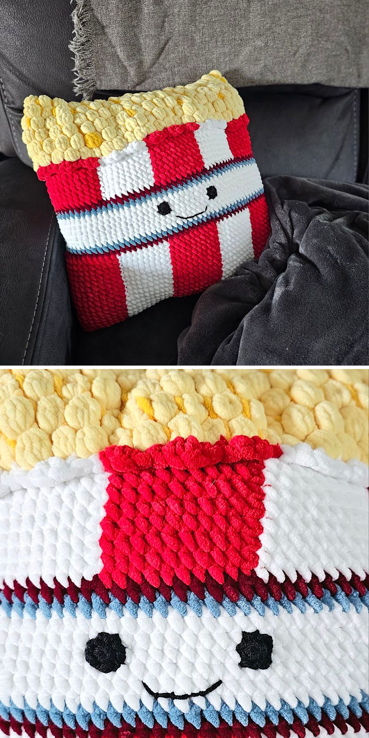 A plush crochet pillow designed to look like a smiling box of French fries with red and white stripes, yellow fries on top, and a happy face, placed on a grey couch.