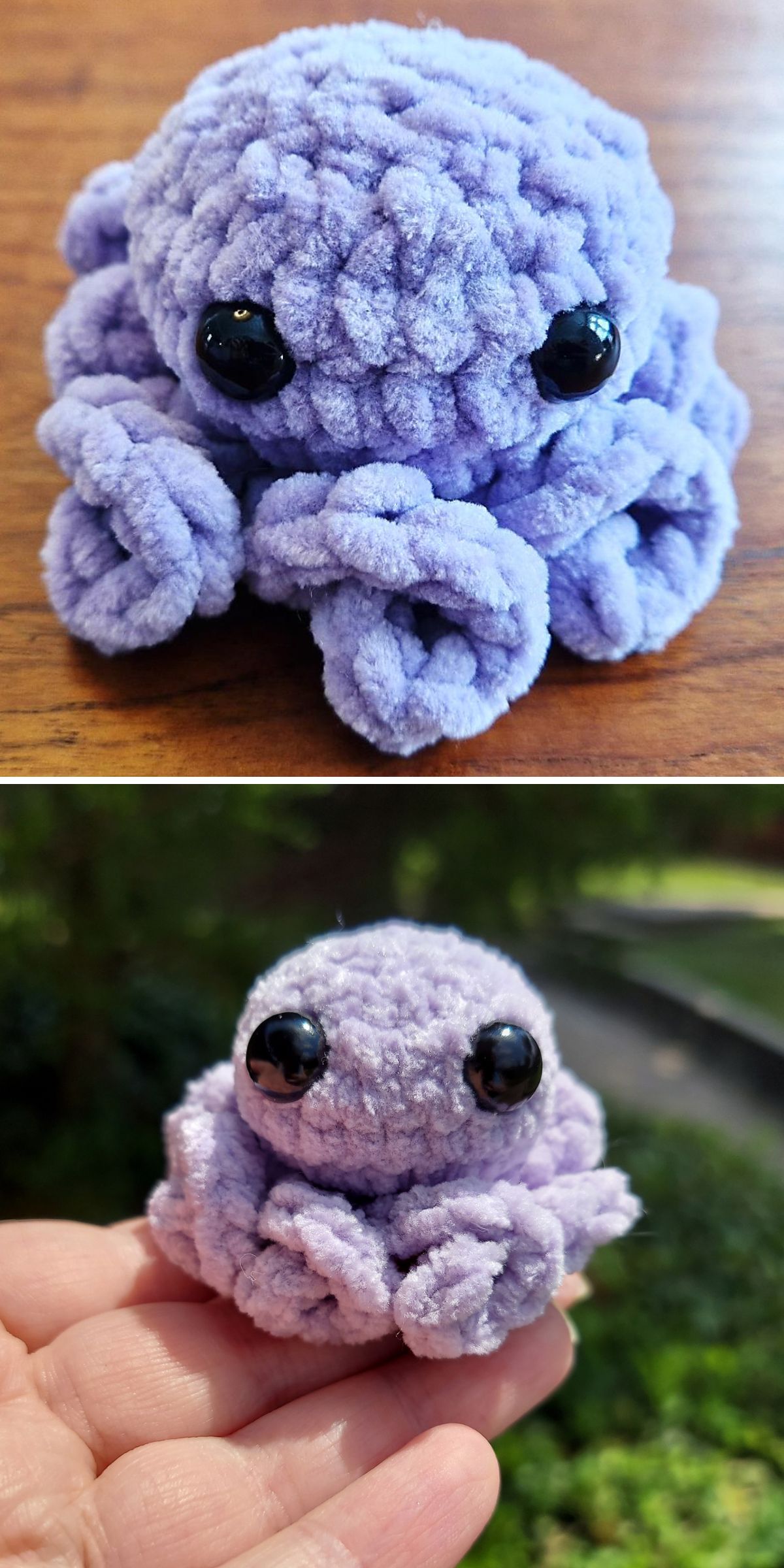 A small, plush, purple tiny octopus amigurumi with large black eyes, shown on a wooden surface and held in a hand outdoors.