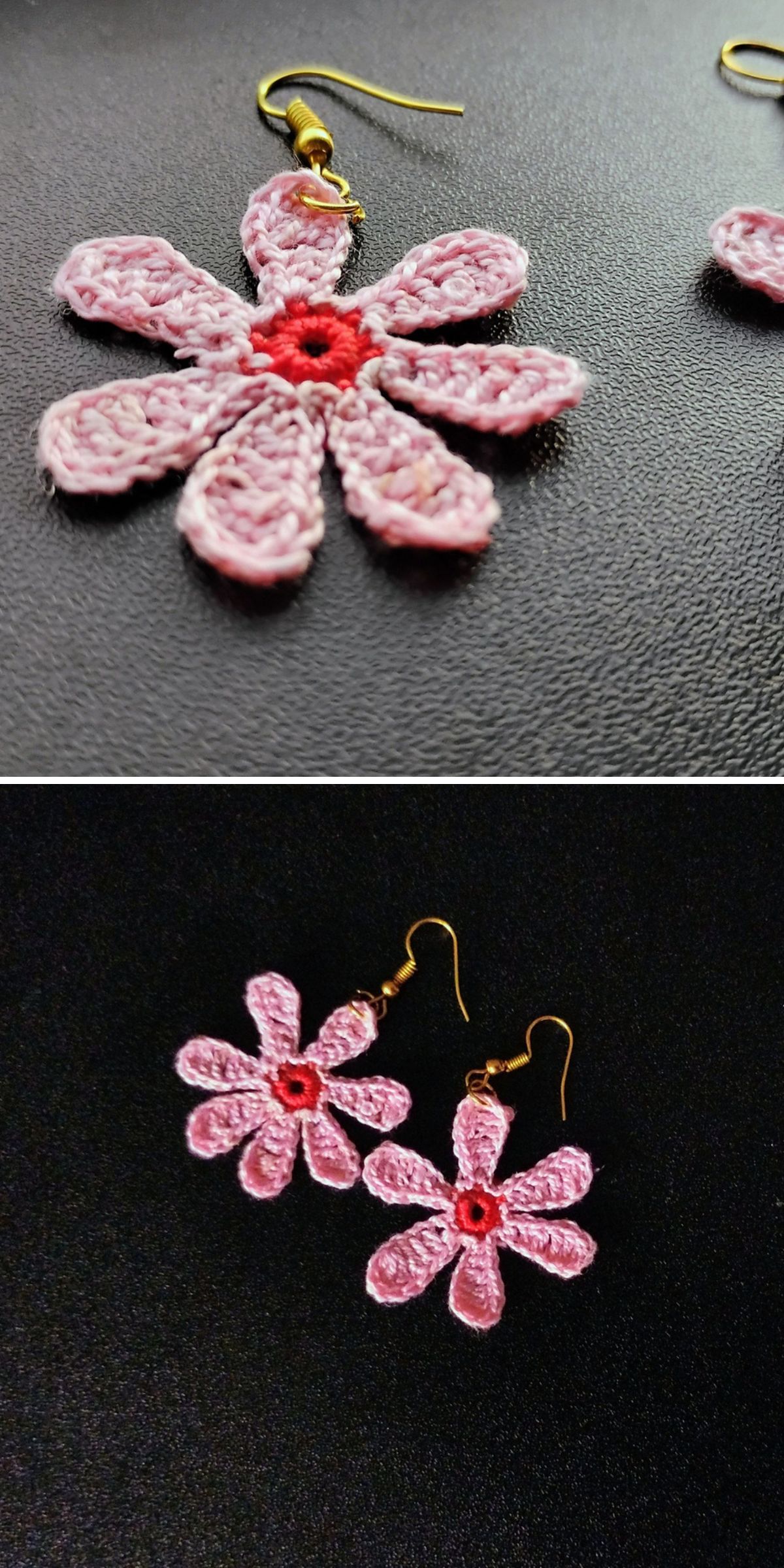 Two images featuring pink crochet earrings shaped like flowers with yellow hooks, set against a black background. The first image is a close-up, while the second displays the pair together.