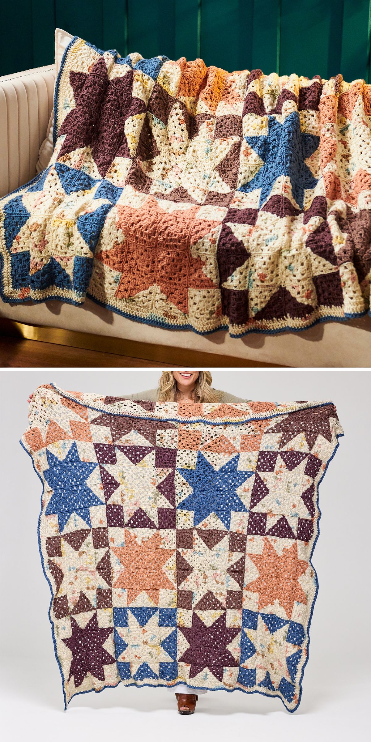 Patchwork crochet granny square blanket with large, multicolored star patterns draped over a sofa in the first image and held up to show the full design in the second image.