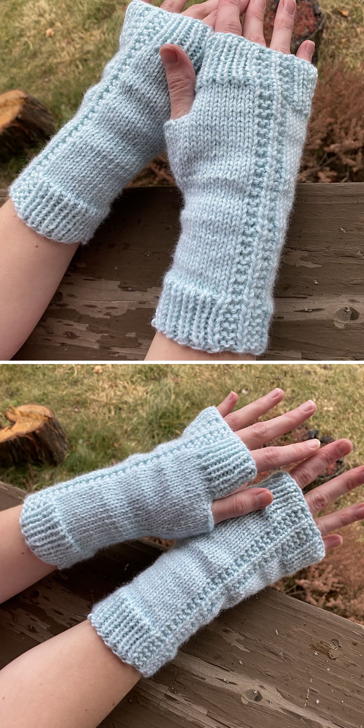 Two hands wear light blue fingerless gloves with a textured vertical pattern, shown outdoors against a wooden surface and grass background—perfect for those seeking easy knitting or free knitting patterns.