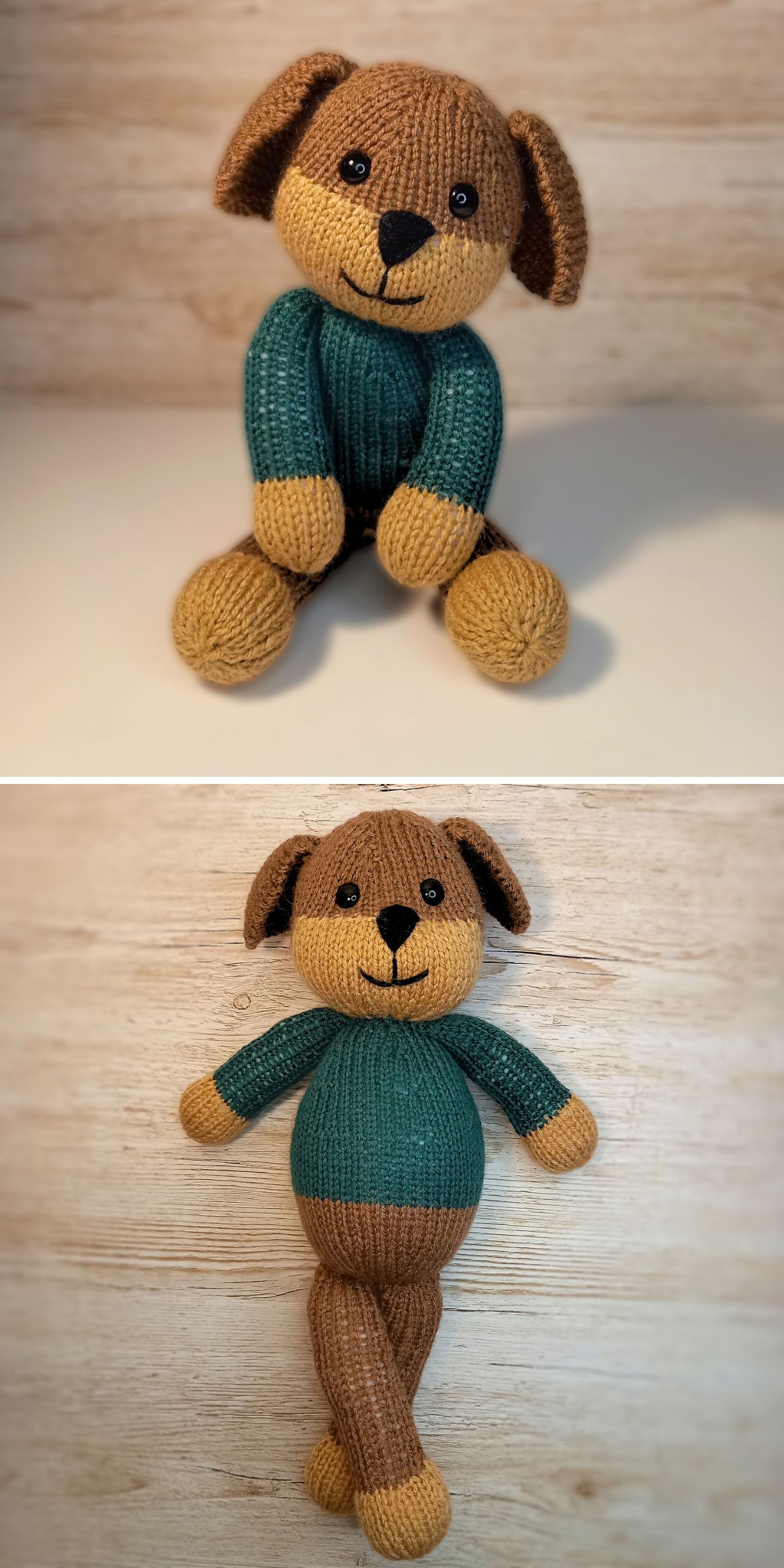 Two images of a knitted toy dog with brown yarn, floppy ears, a teal sweater, and tan limbs, shown sitting upright in one photo and lying down in the other.