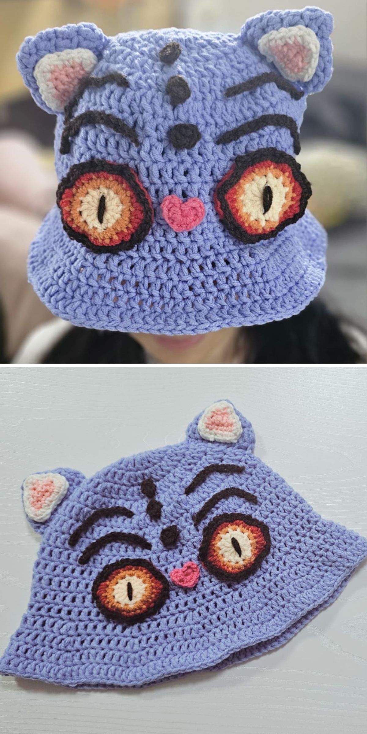 a crochet bucket hat with a spooky derpy tiger design