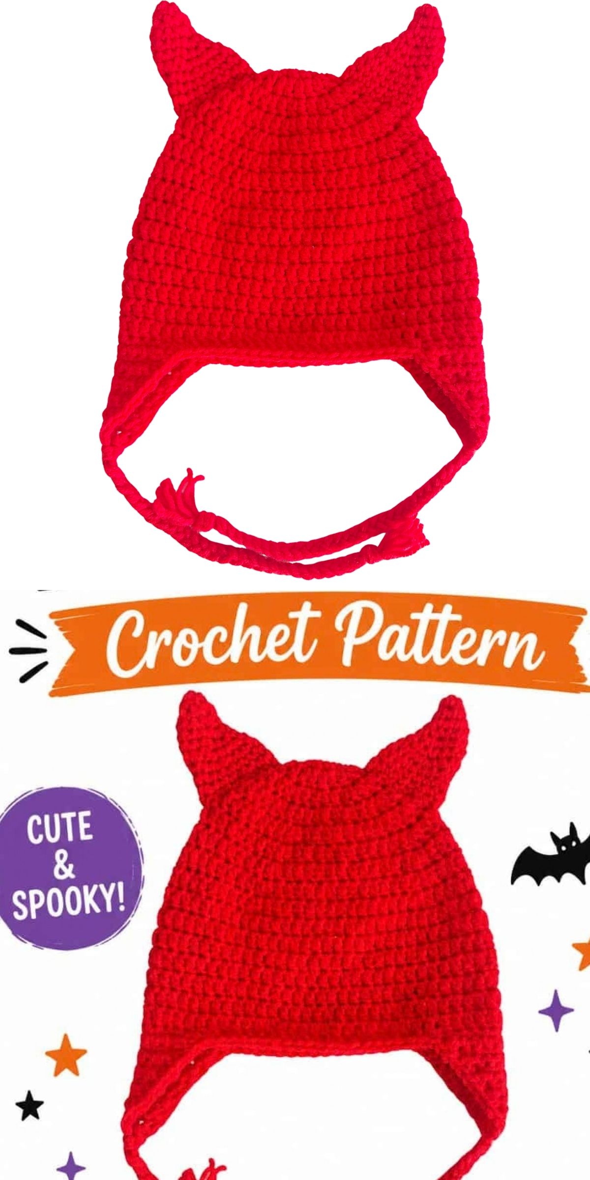 Red crochet Halloween hat with two pointed horns and ear flaps, shown alone and in a graphic labeled “Crochet Pattern” with Halloween-themed decorations.