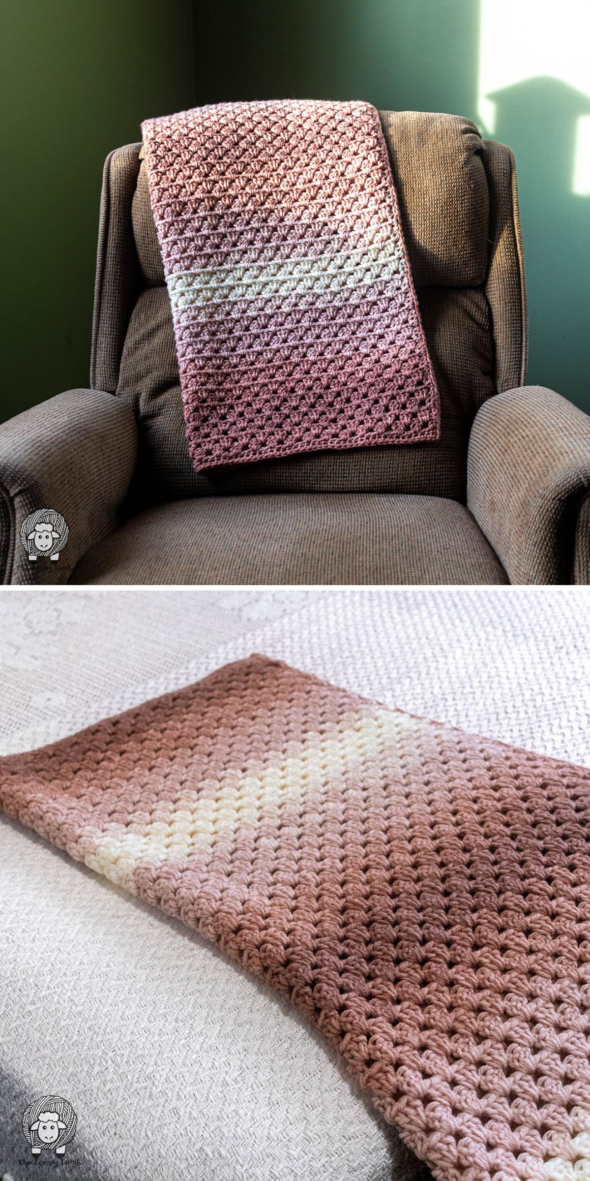simple crochet granny stitch blanket on an arm chair