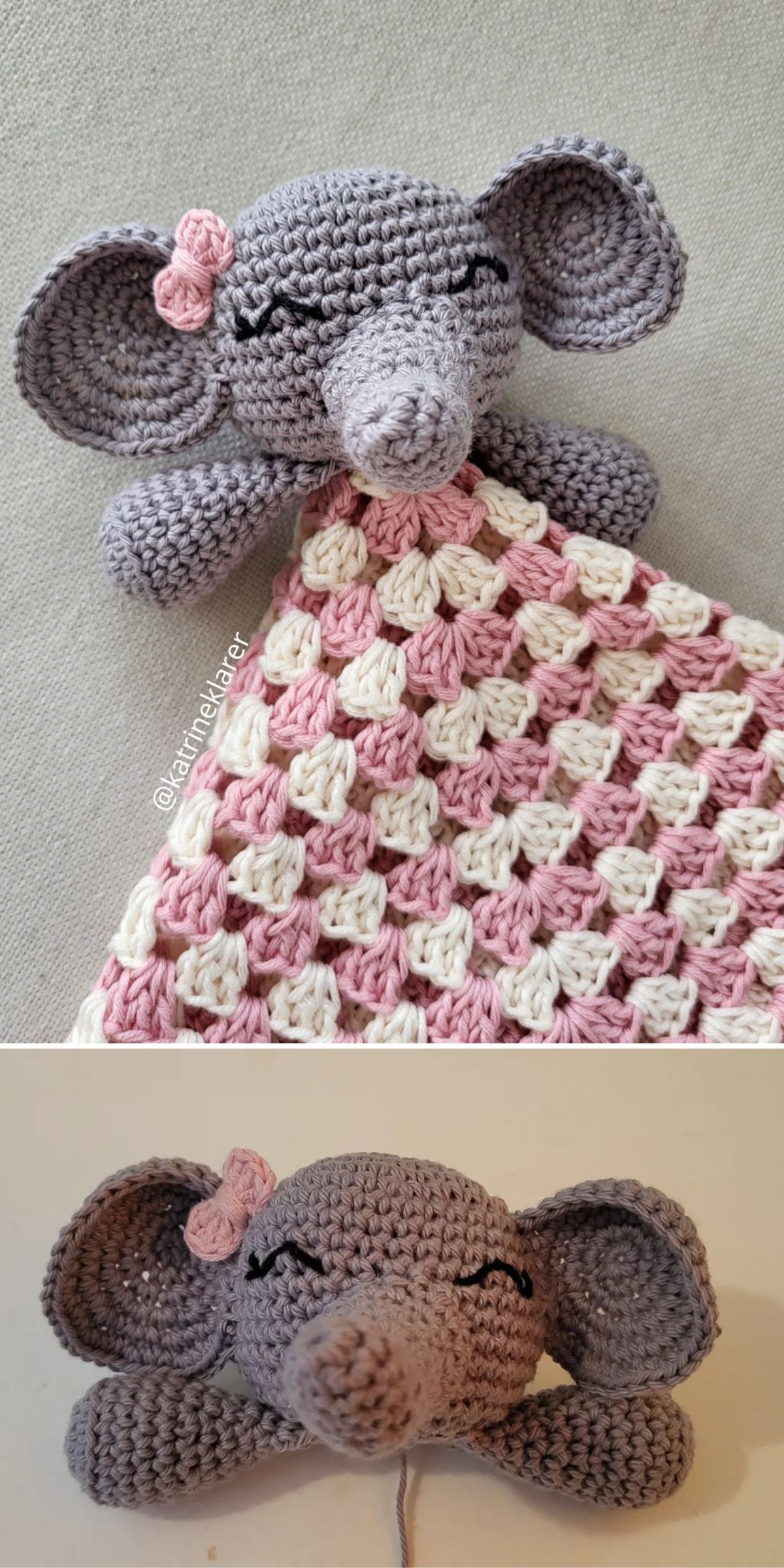 A crochet baby lovey featuring a crocheted elephant with a pink bow and a pink-and-cream blanket; close-up of the head and ears shown in the bottom section.