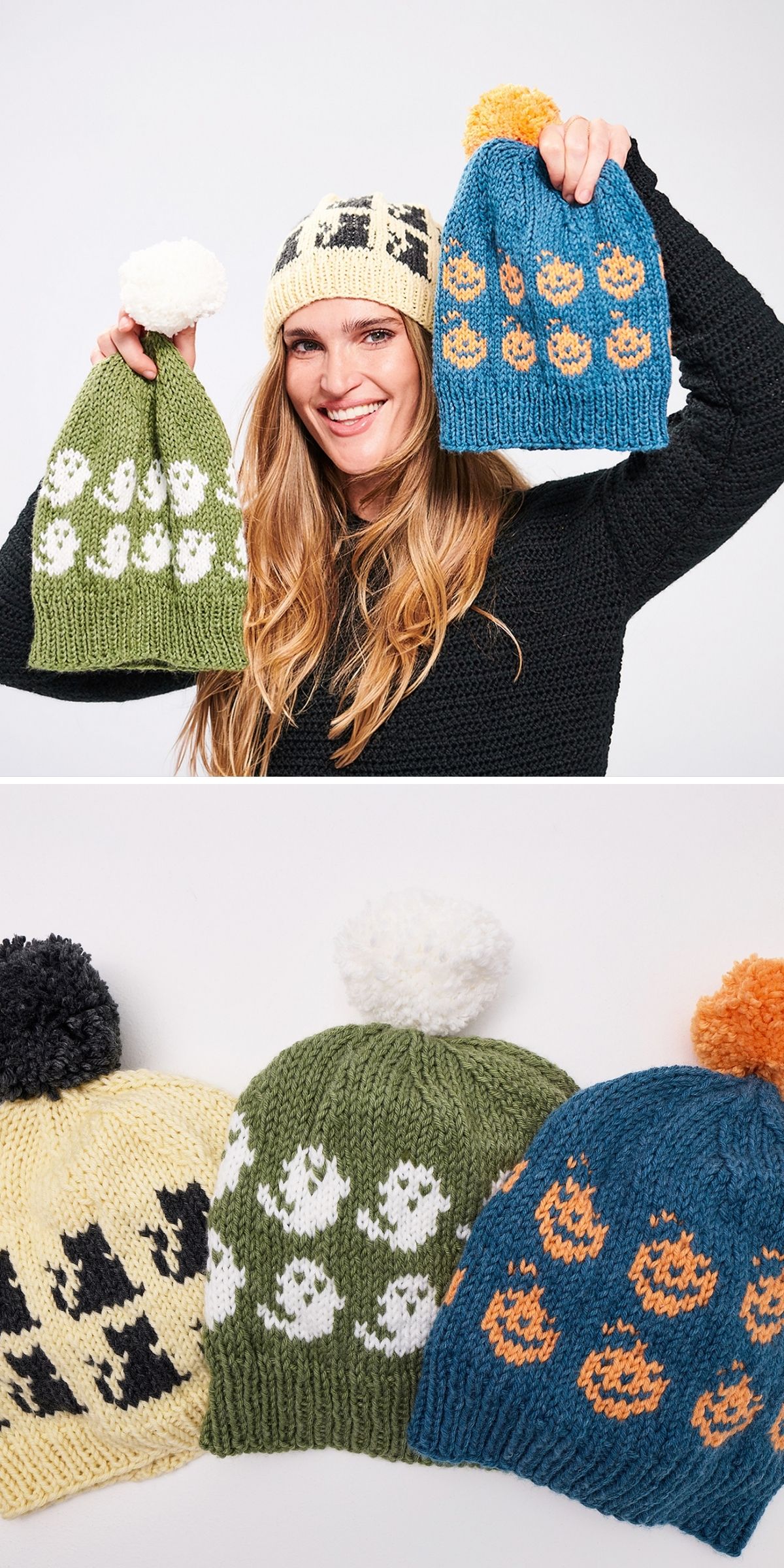 A smiling woman wears a yellow black-cat-patterned hat while holding green ghost and blue pumpkin Halloween knitting patterns. Below, the three hats are shown together.