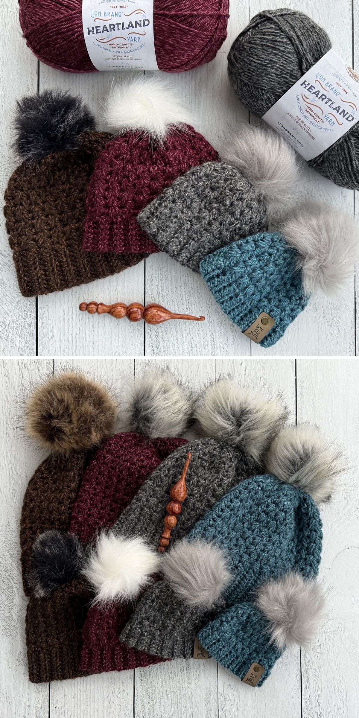 Four crochet hats with pom-poms in brown, burgundy, gray, and blue are displayed with matching yarn skeins and a wooden crochet hook — perfect inspiration for your next chunky crochet beanie or to explore new crochet beanie patterns.