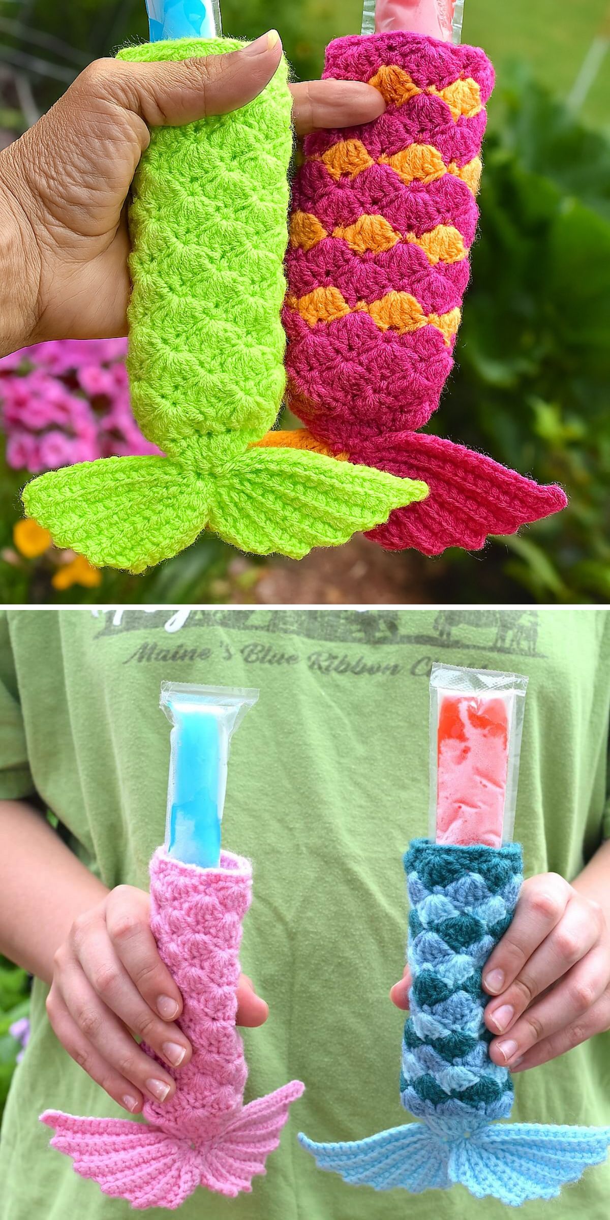 bright fishtail crochet cozies for freezers