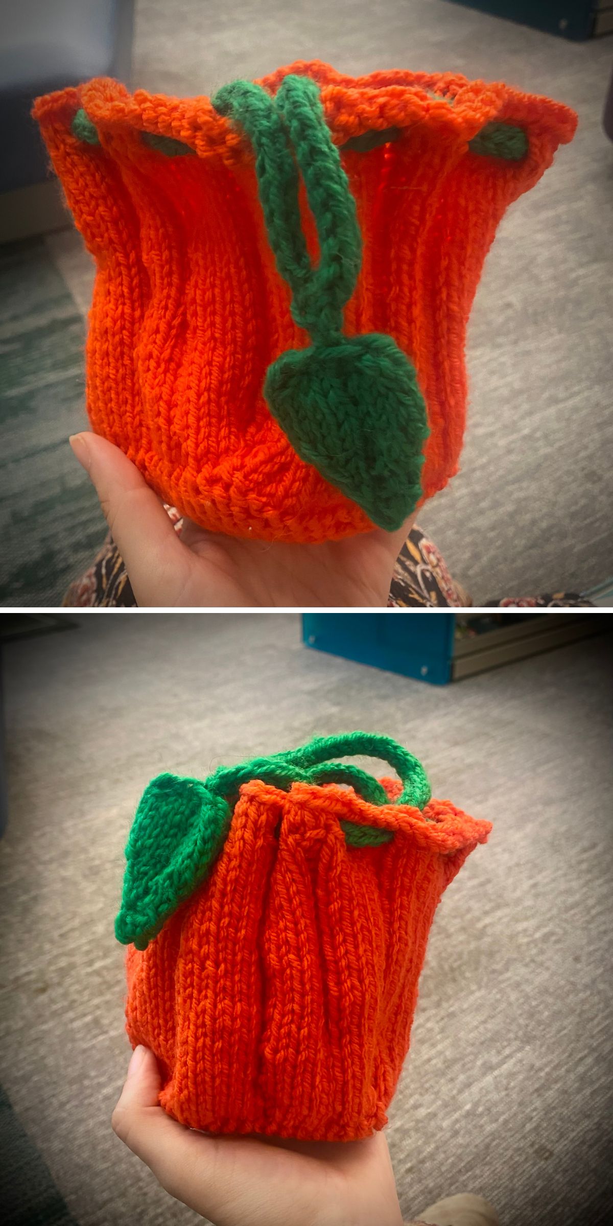 a knitted orange drawstring bag looking like a pumpkin