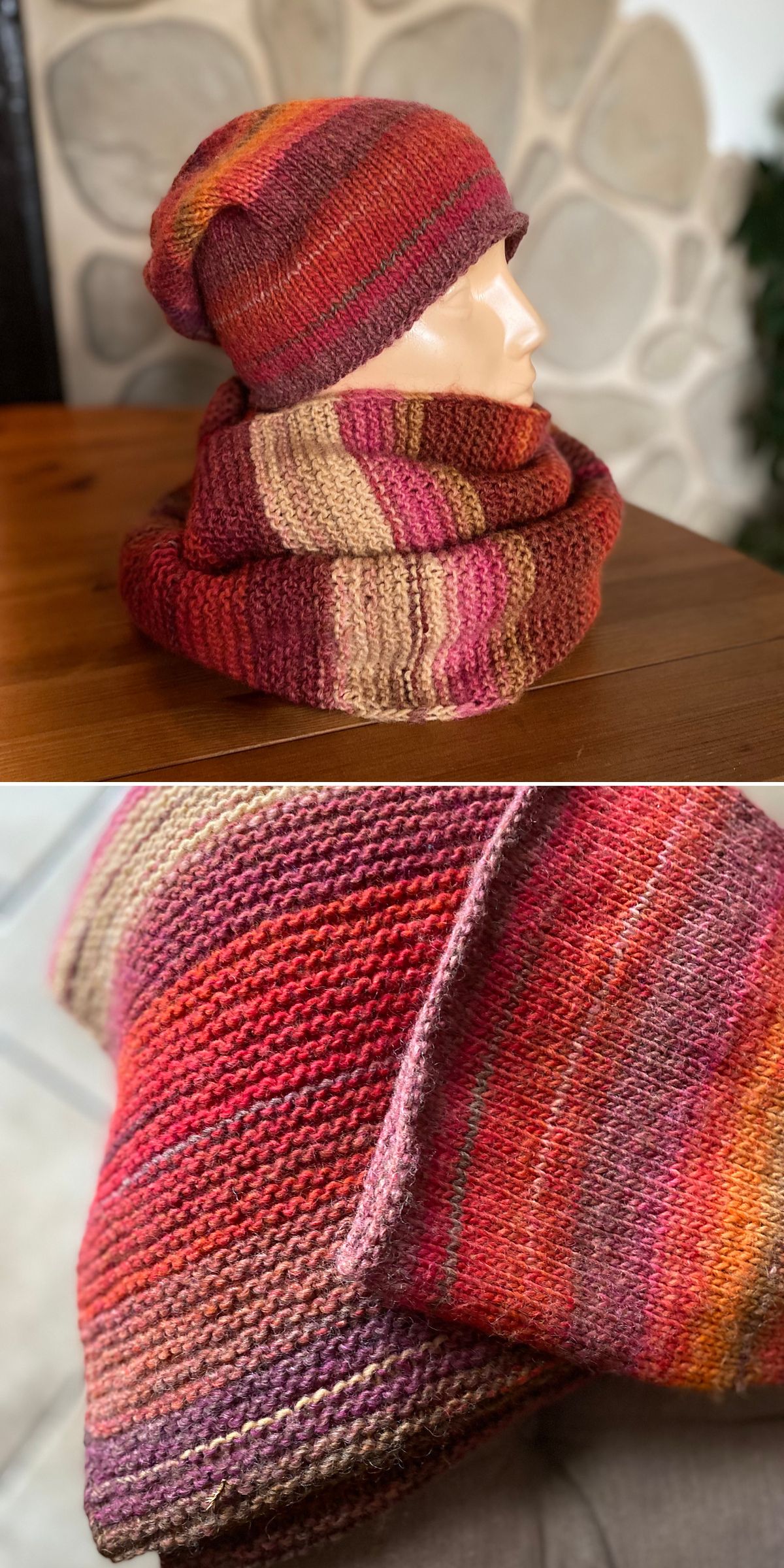 knitted beanie and scarf in warm fall shades