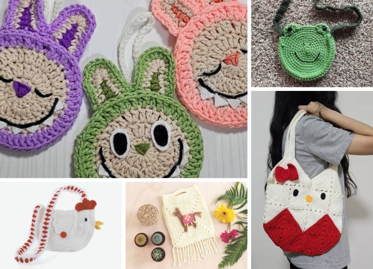a collection featuring crochet bags for kids with playful designs