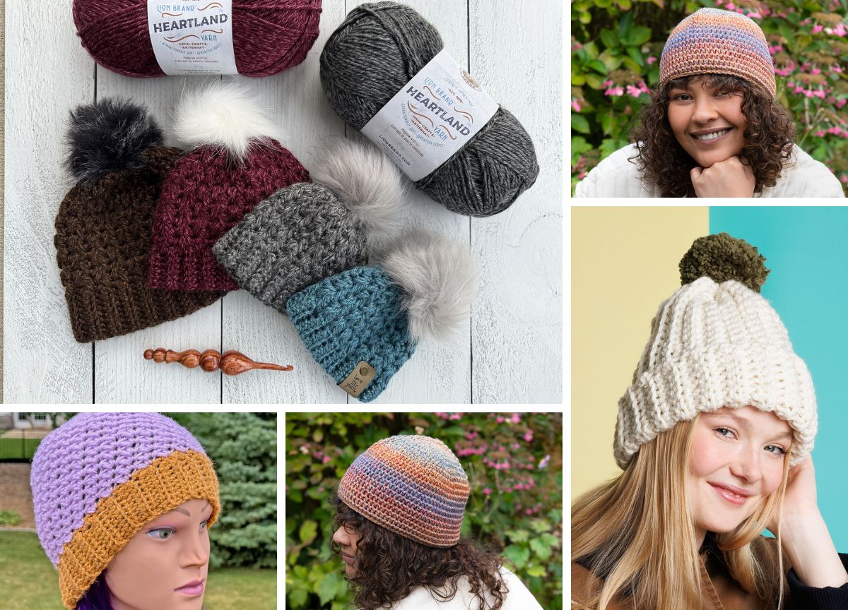 A collage showing yarn skeins, crochet hooks, and people modeling colorful crocheted hats outdoors — including cozy chunky crochet beanie styles — perfect inspiration for those seeking free crochet patterns.