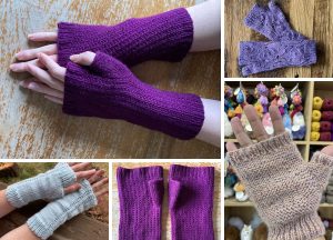 A collage of five images showing various styles of fingerless gloves in different colors and patterns—perfect inspiration if you're searching for free knitting patterns or quick, easy projects.