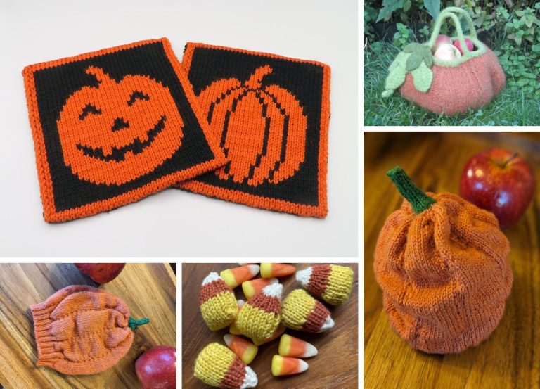 a collection of knitted decorations and home items for Halloween