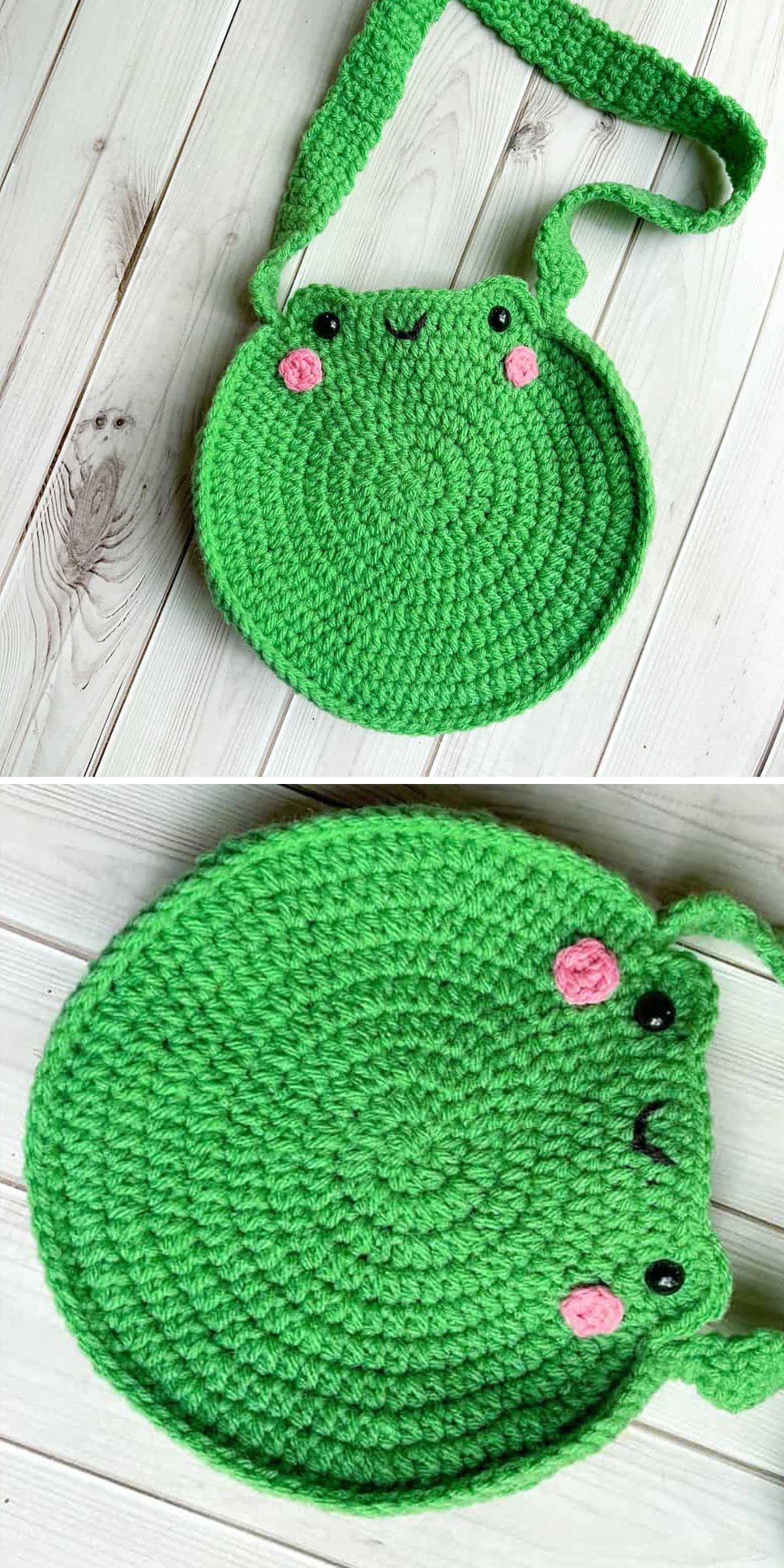 A green crochet bag for kids, shaped like a frog’s face with pink cheeks, black eyes, and a smiling mouth, is displayed on a light wooden surface.