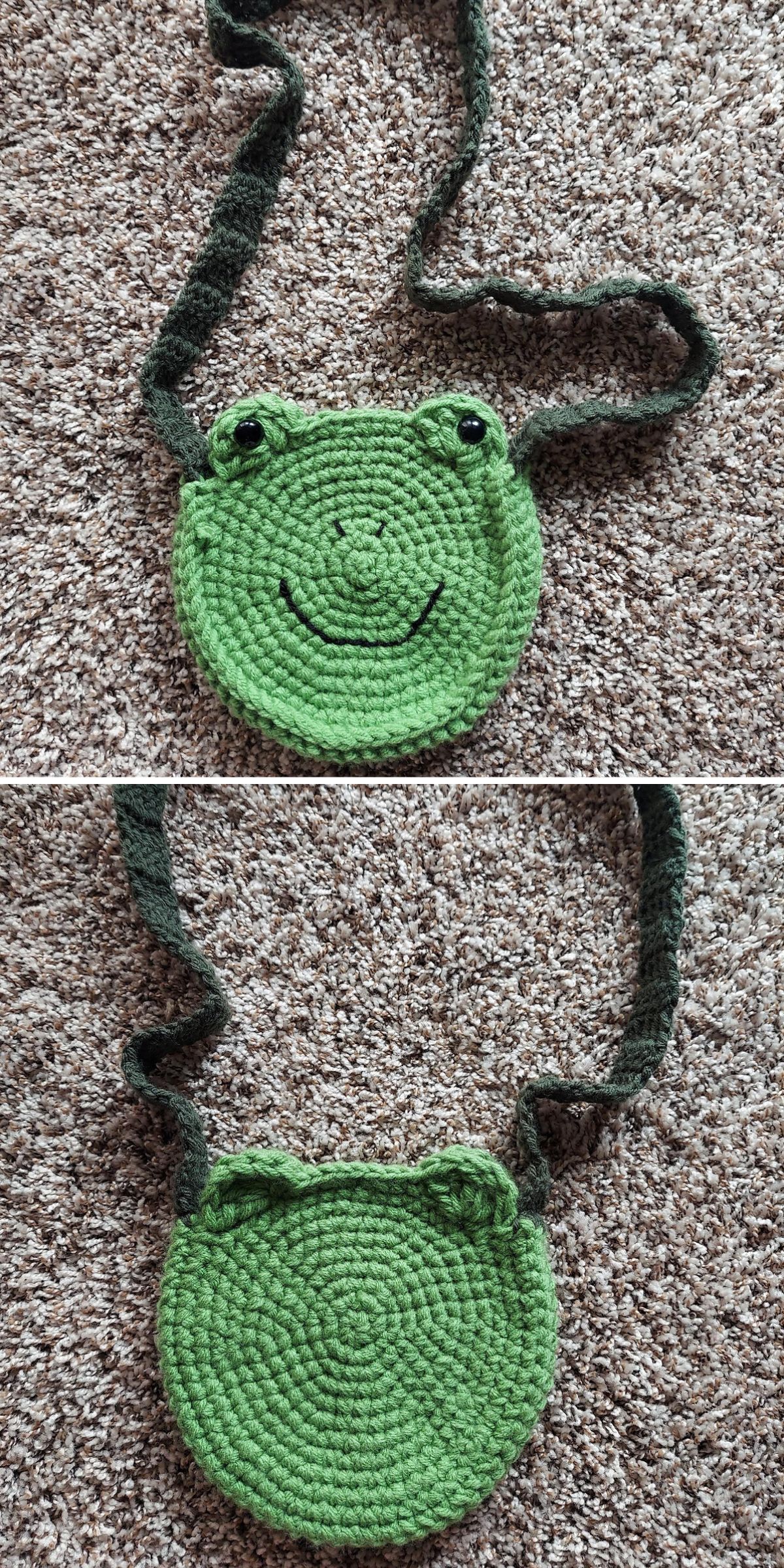 a green crochet bag with a round body shaped like a frog face