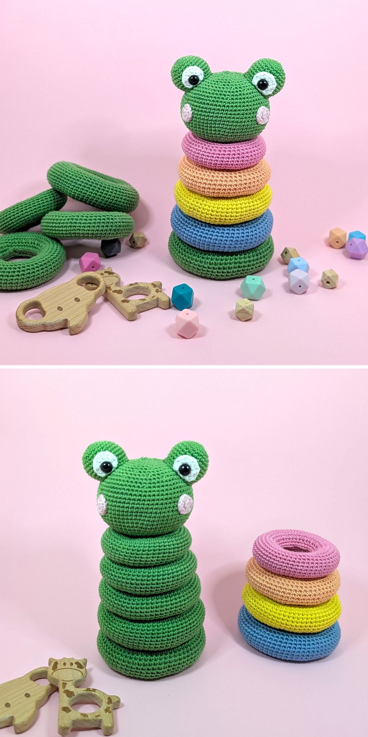 a crochet frog stacking toy