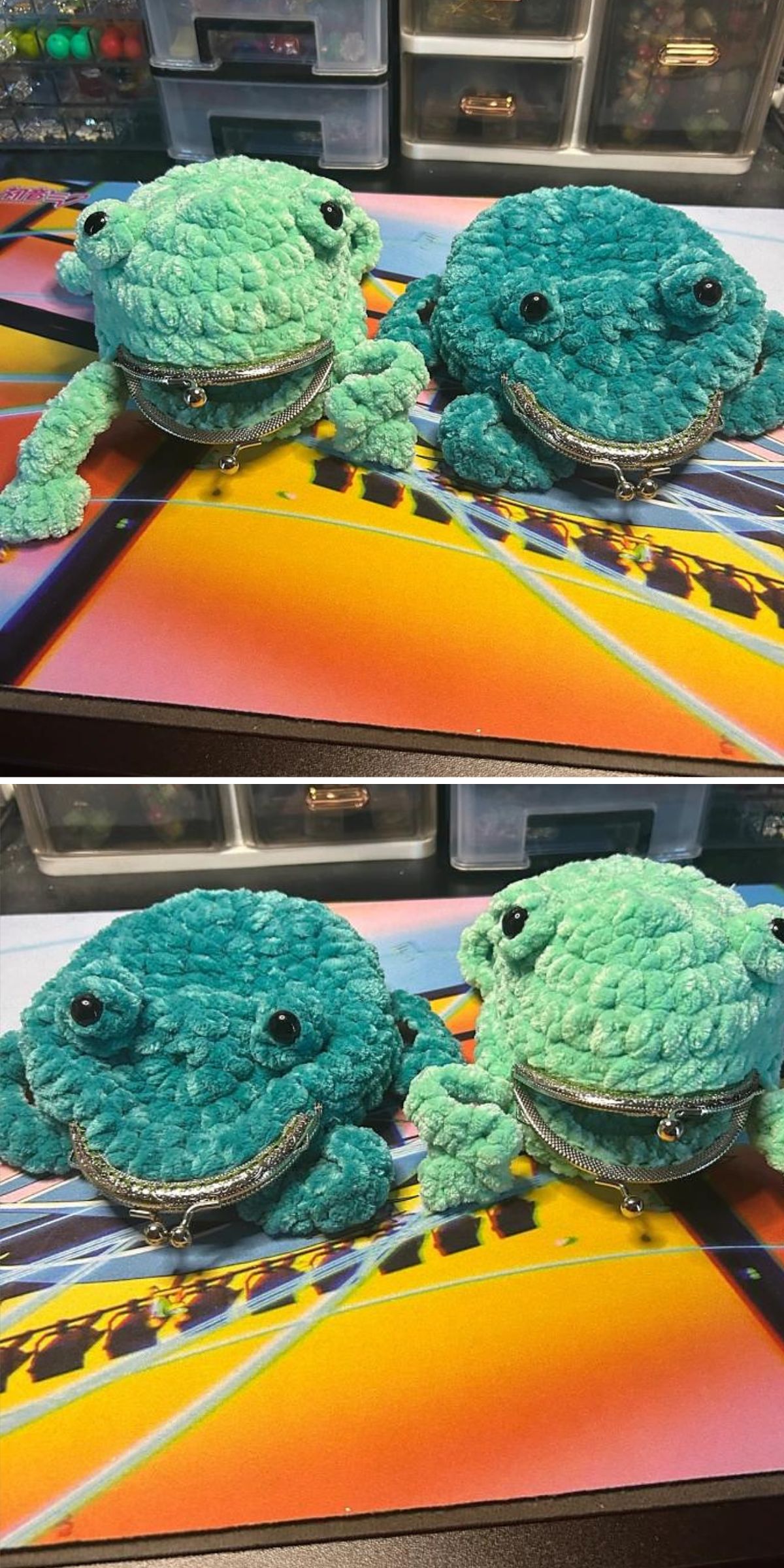 Two crochet frog coin purses with zipper mouths are shown side by side on a colorful surface, photographed from different angles.