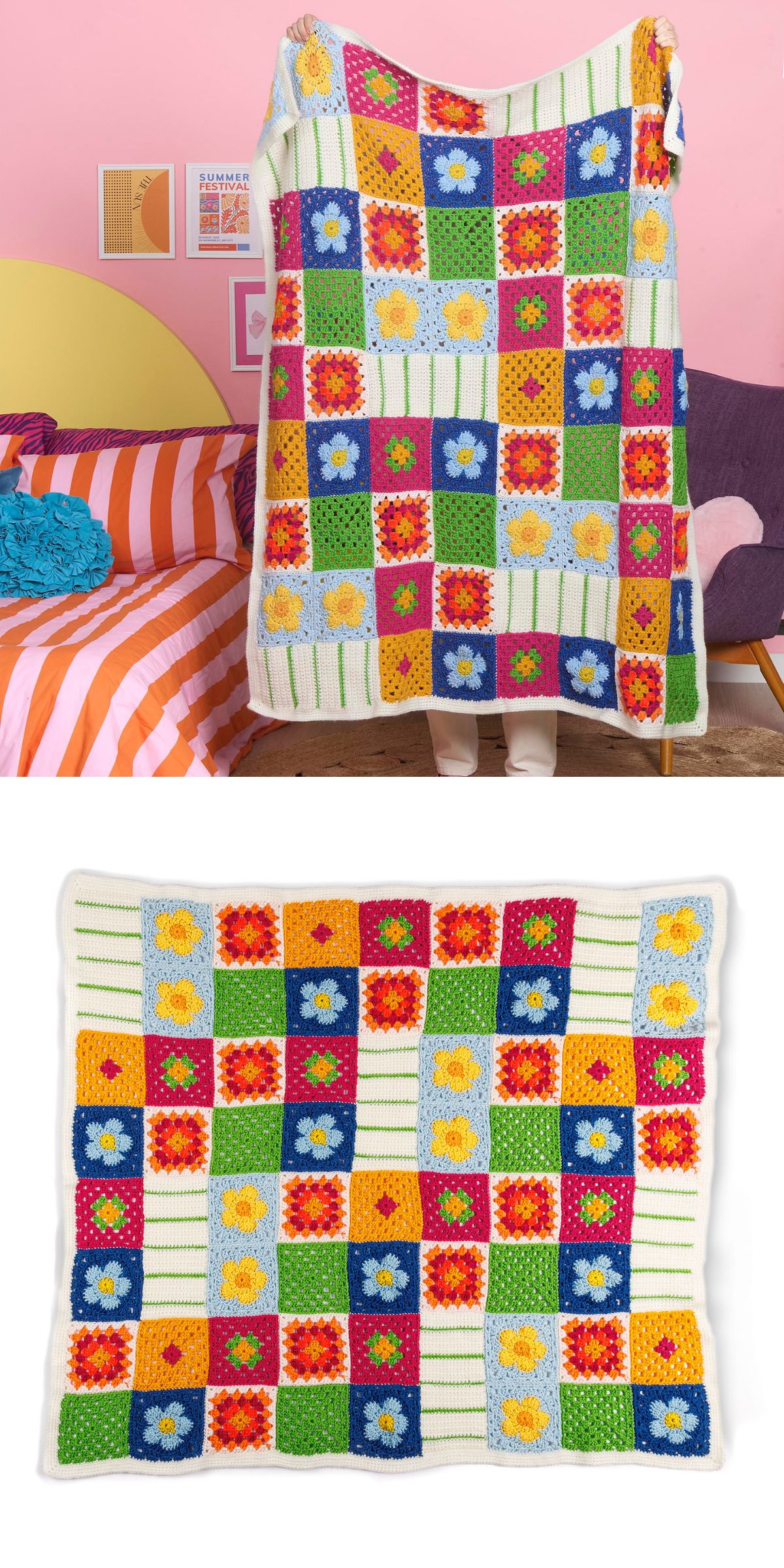 a crochet granny square blanket with flower motifs