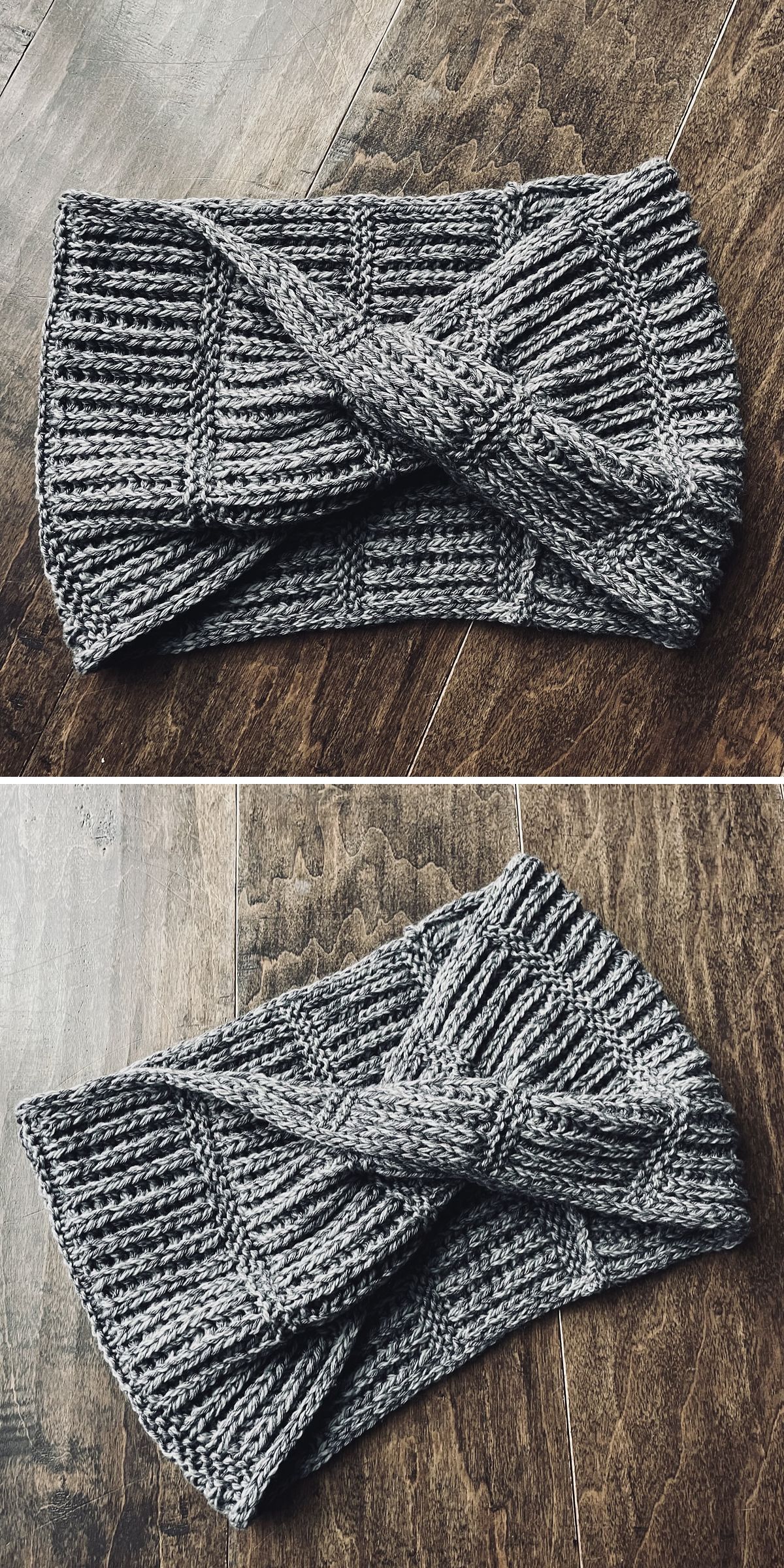 Two photos showing a knitted cowl in gray color with a twisted front design, laid flat on a wooden surface— perfect piece for cozy style.