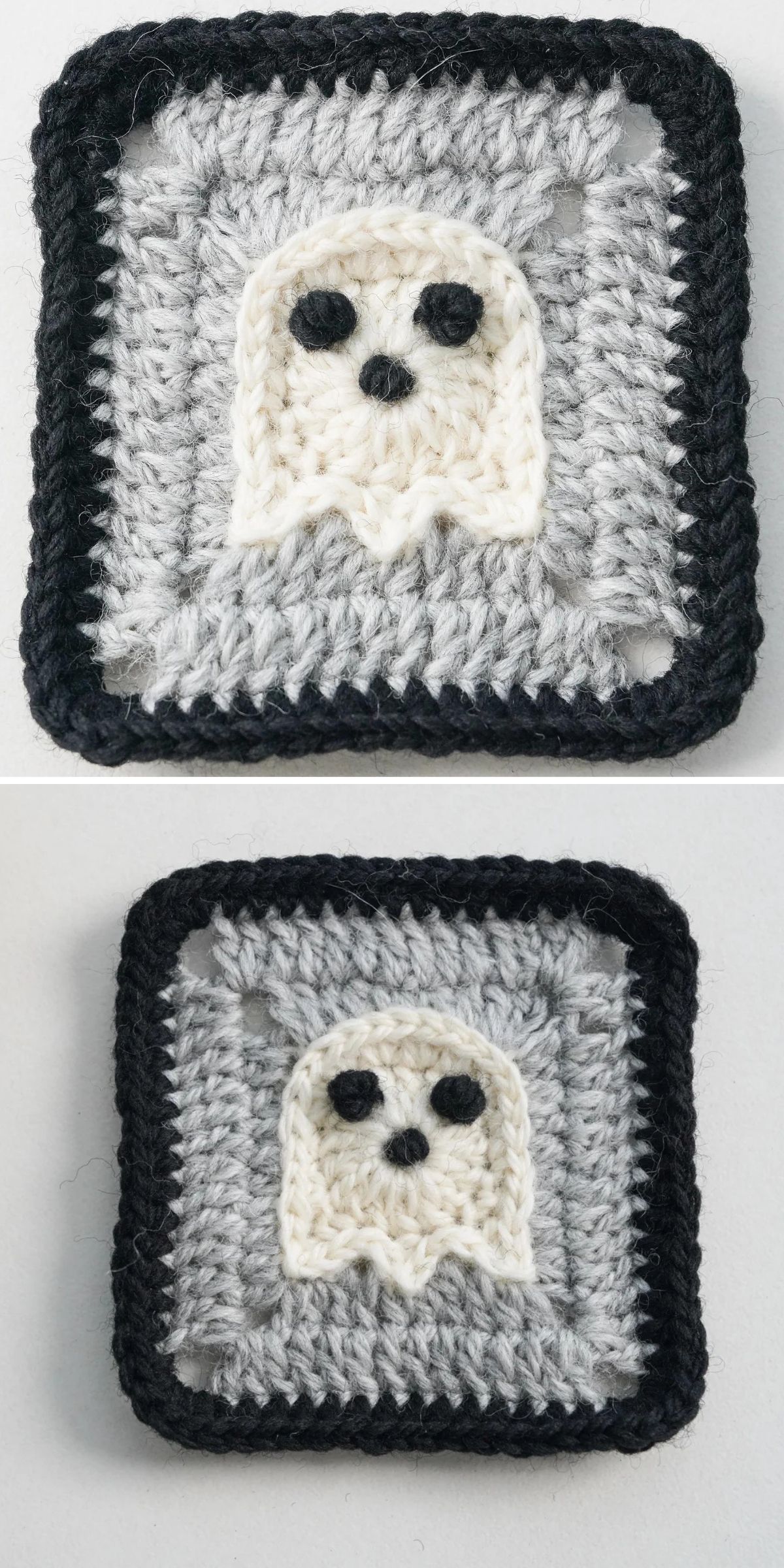 Crochet Halloween square featuring a crocheted white ghost motif in the center, bordered by gray and black yarn.
