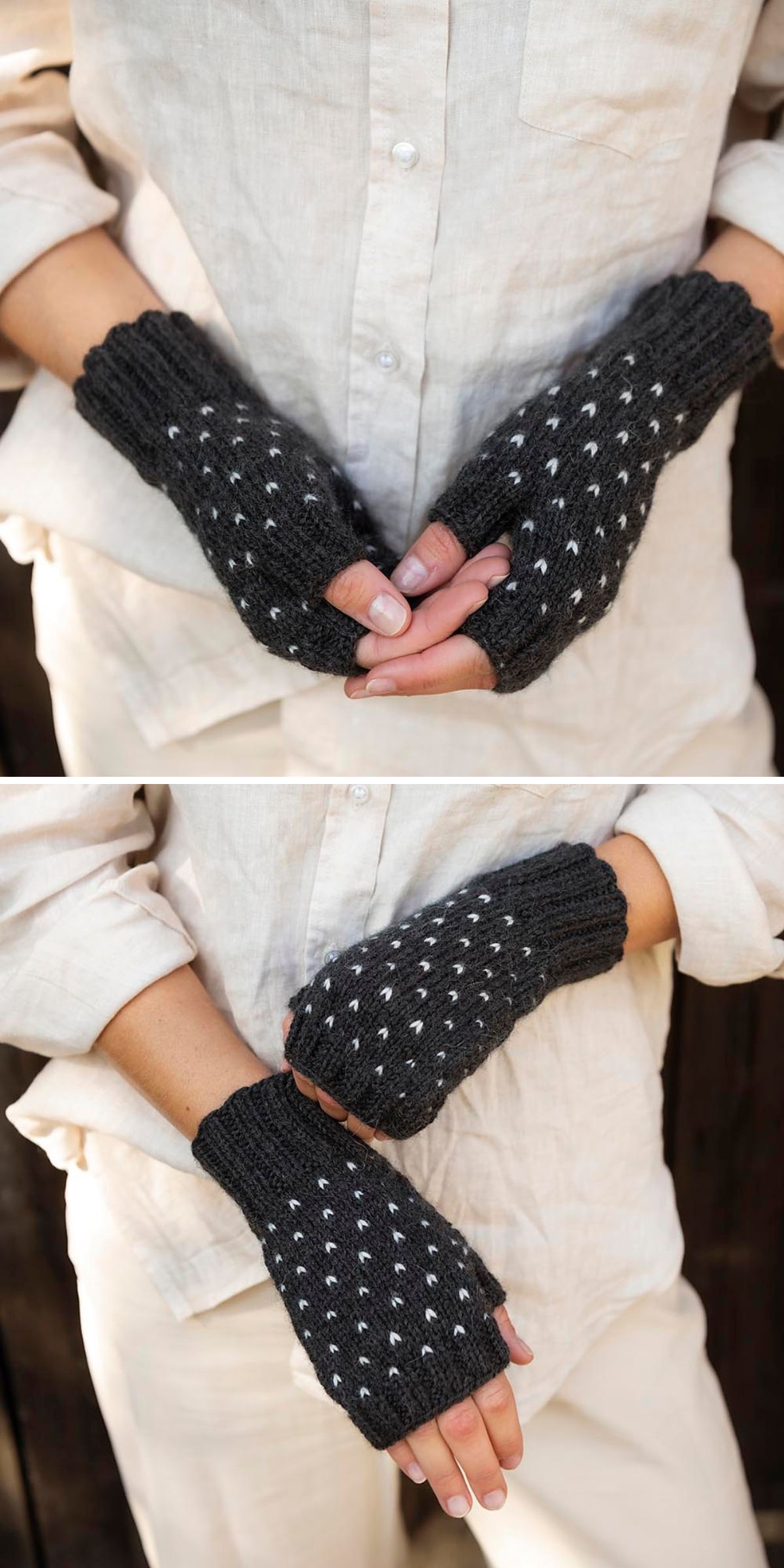 A person in a cream-colored outfit displays stylish dark gray fingerless gloves with a white dotted pattern, shown from different angles — perfect inspiration if you're looking for free knitting patterns for fingerless gloves.