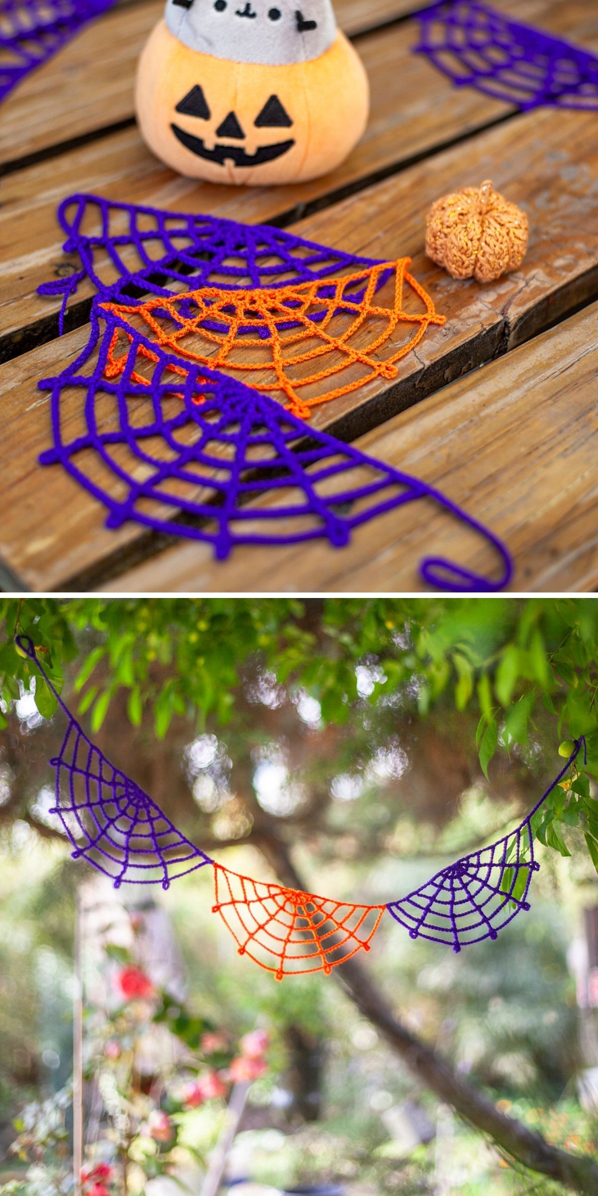 Two photos: crocheted purple and orange spiderwebs on a wooden table with Halloween decor, featuring intricate crochet Halloween applique details, and the same webs strung together as a garland hanging outdoors among trees.