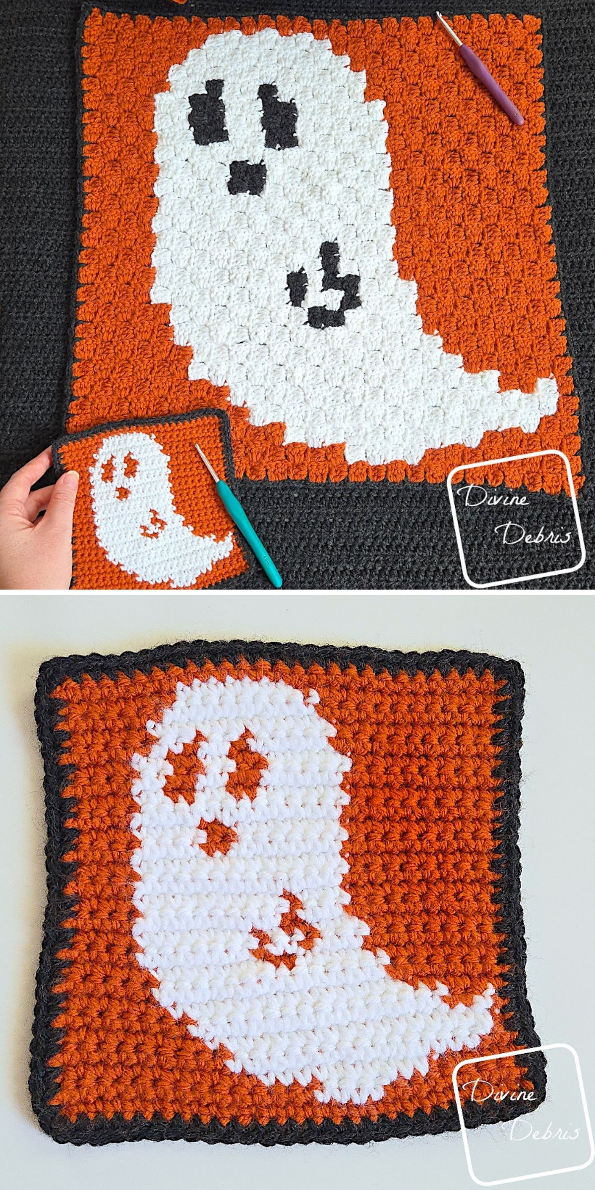 Two crochet Halloween squares with a white ghost on an orange background bordered in black; one square is larger, and a hand holds the smaller one with a crochet hook nearby.