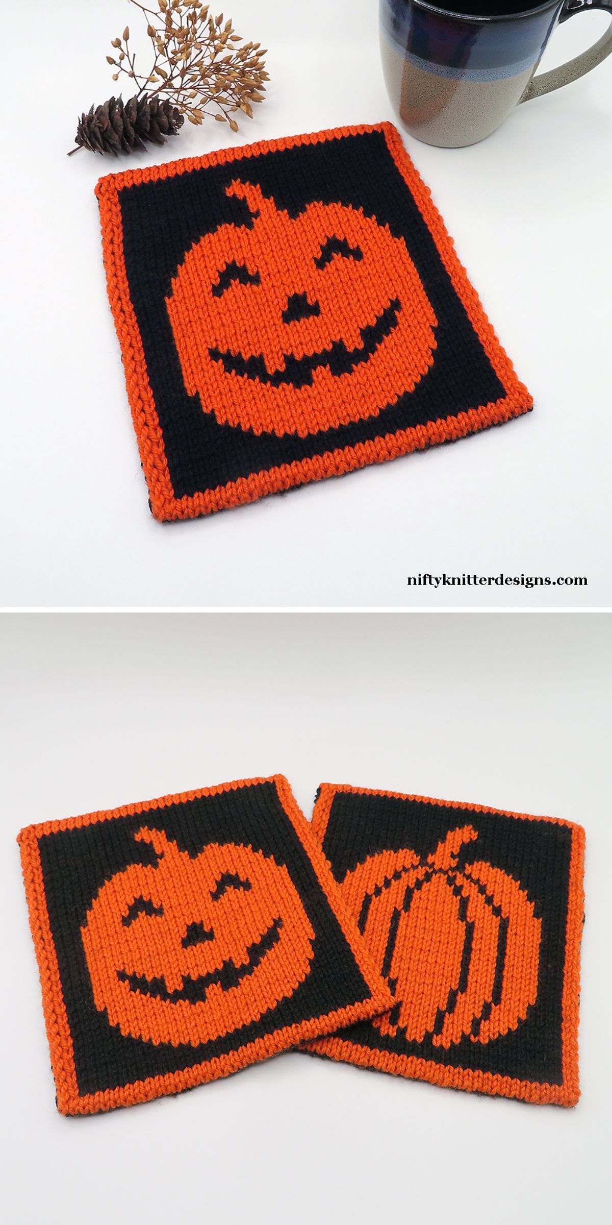 a black-and-orange knitted potholder with a pumpkin image