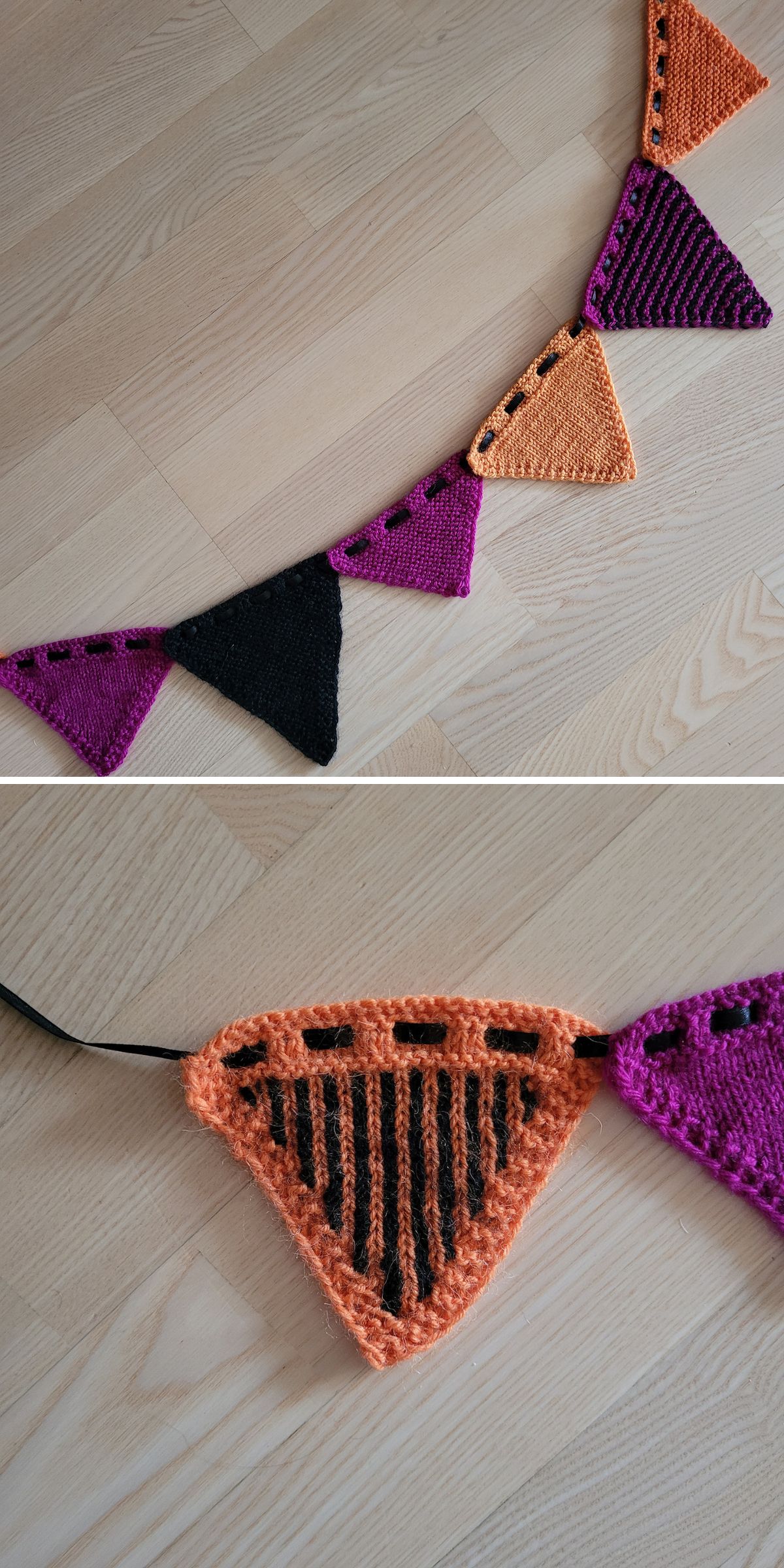 a knitted Halloween garland made of triangles