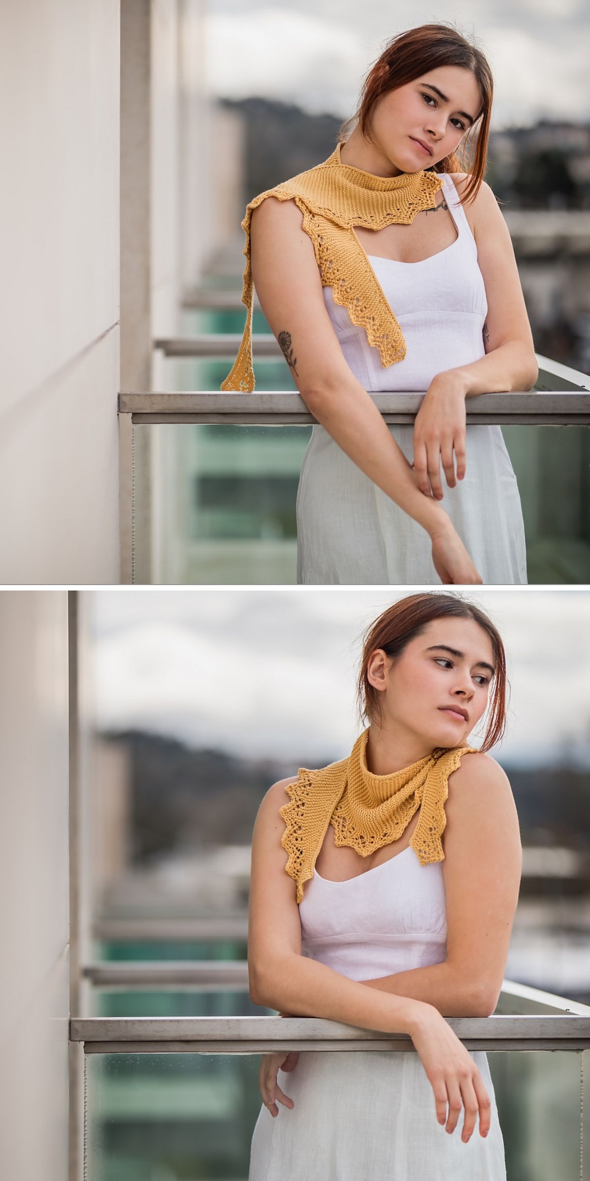 A woman stands on a balcony, wearing a white sleeveless dress and a yellow knitted scarf with delicate lacy edgings, looking off into the distance — an inspiring look for shawl knitting patterns.