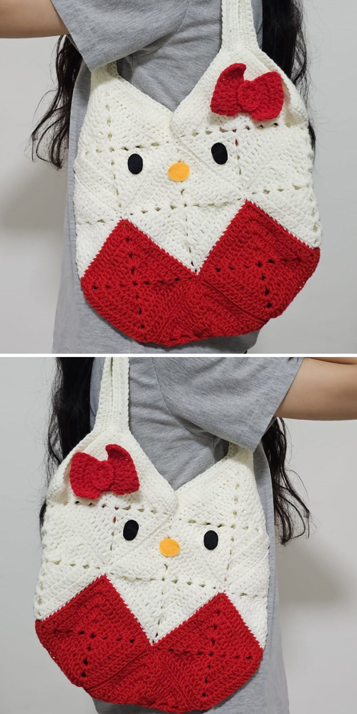 a girl wearing a crochet tote bag made of granny squares in two colors which create Hello Kitty design