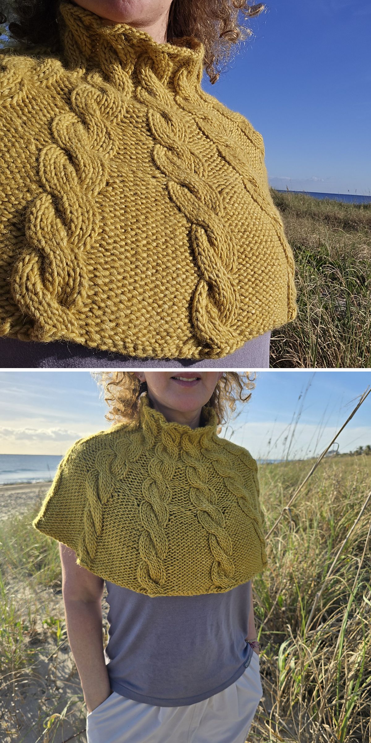 a woman in a mustard yellow knitted capelet with thick braids