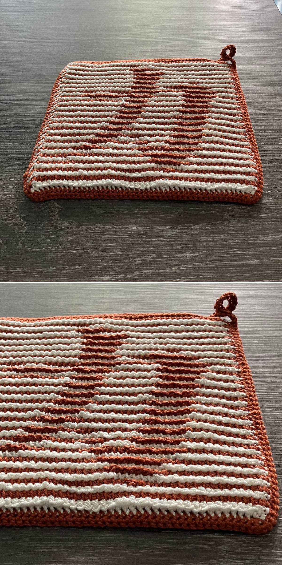 A crochet potholder featuring a charming bird pattern in brown and cream yarn, displayed on a dark wooden surface.