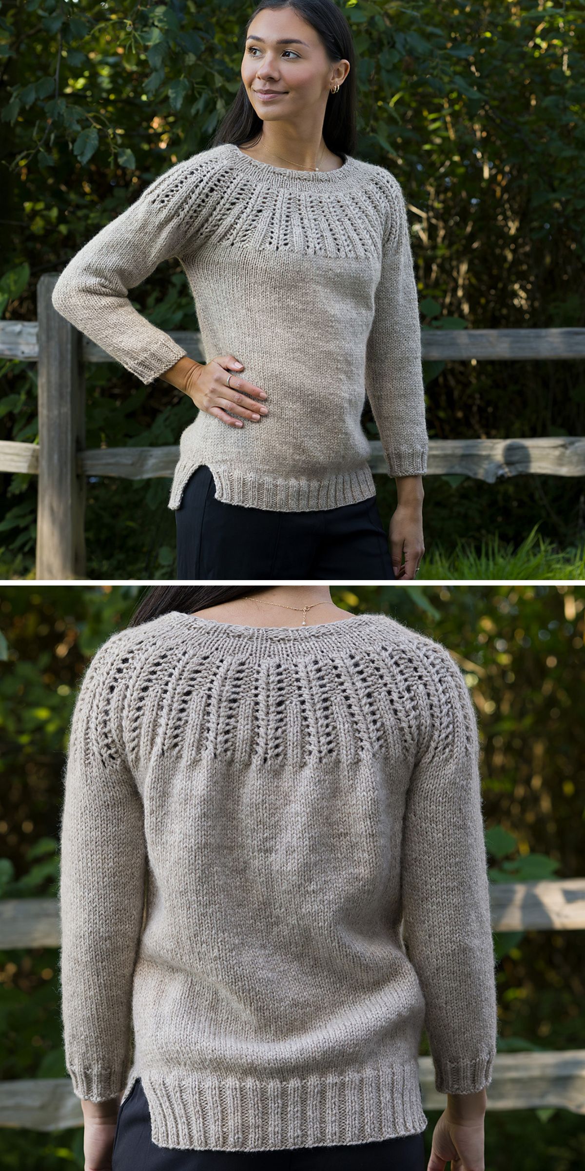 a woman in a beige knitted sweater with a lace yoke