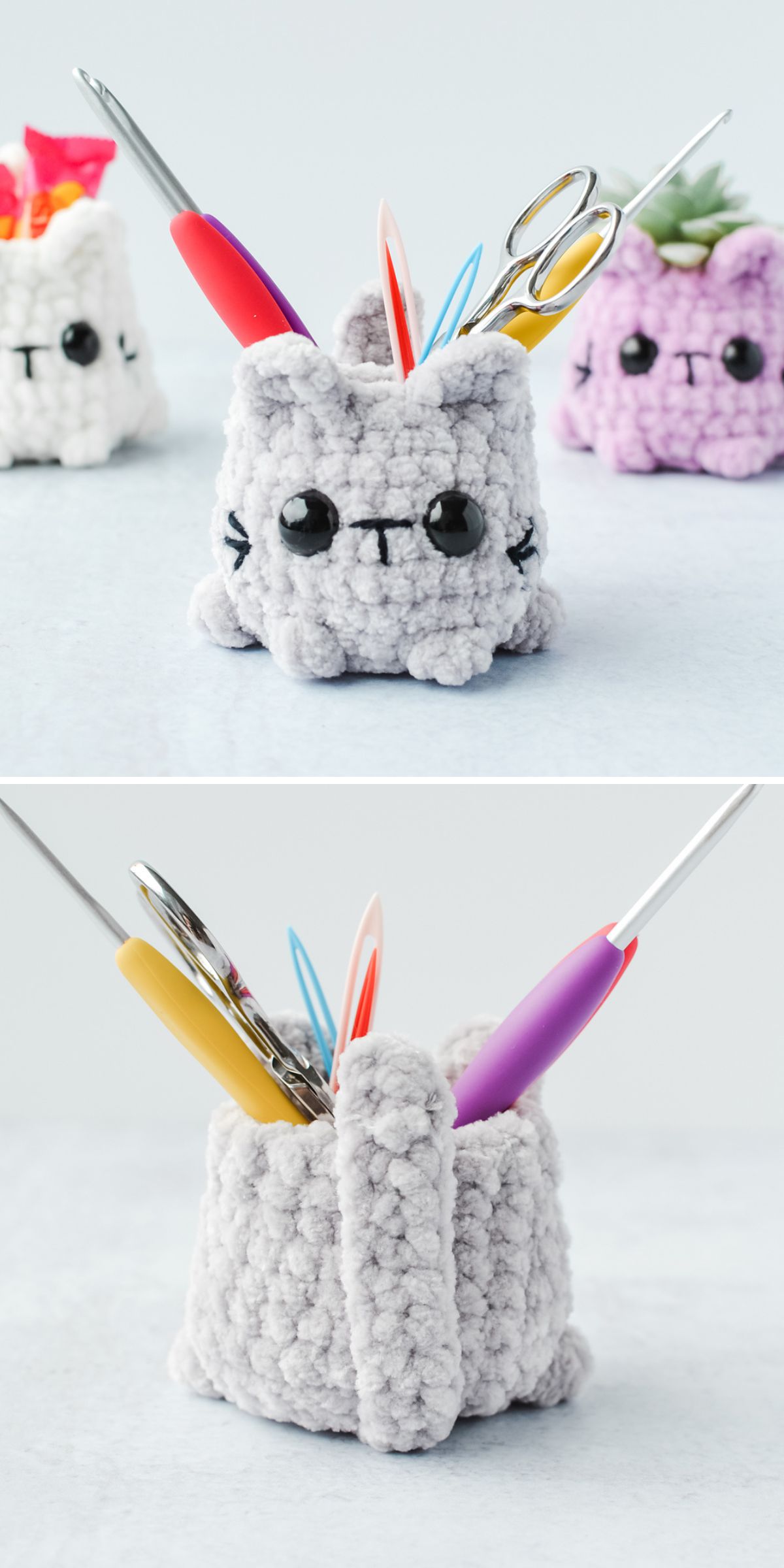 Two images show a small, crochet cat amigurumi container holding scissors, pens, and crochet hooks, with a similar purple container visible in the background of the first image.