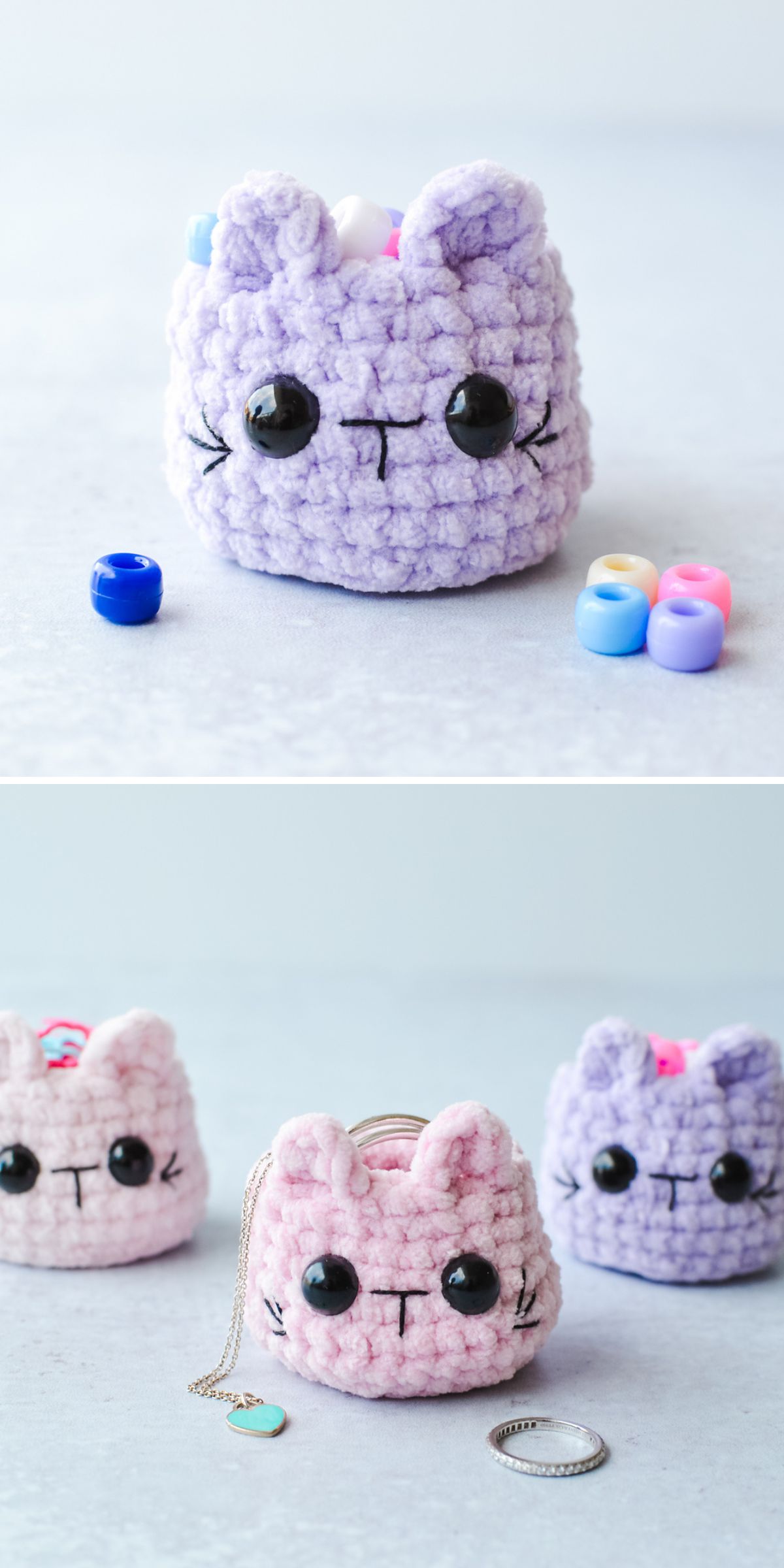 a crochet jewelry holder shaped like a cat