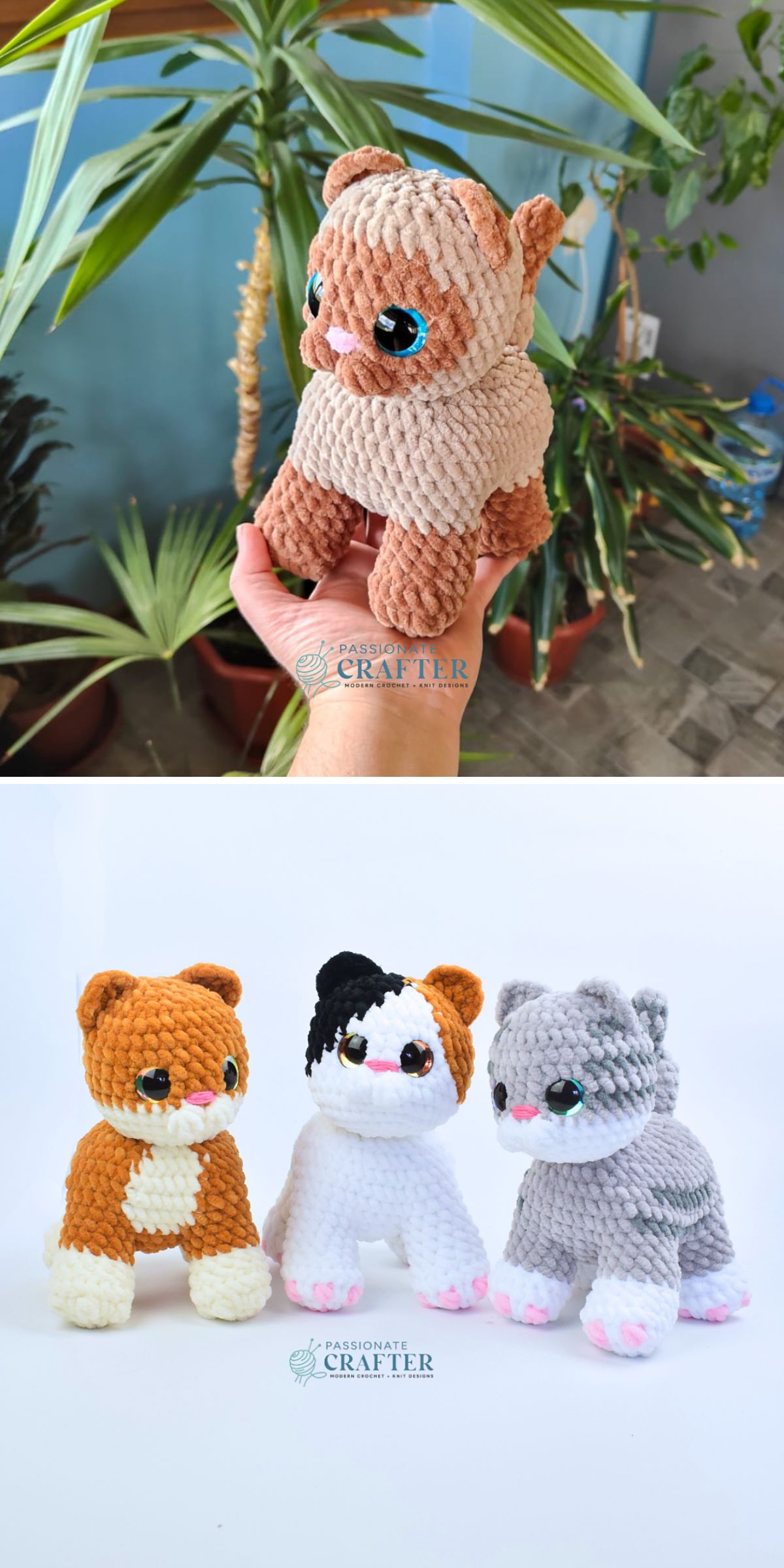 three crochet cat plushies