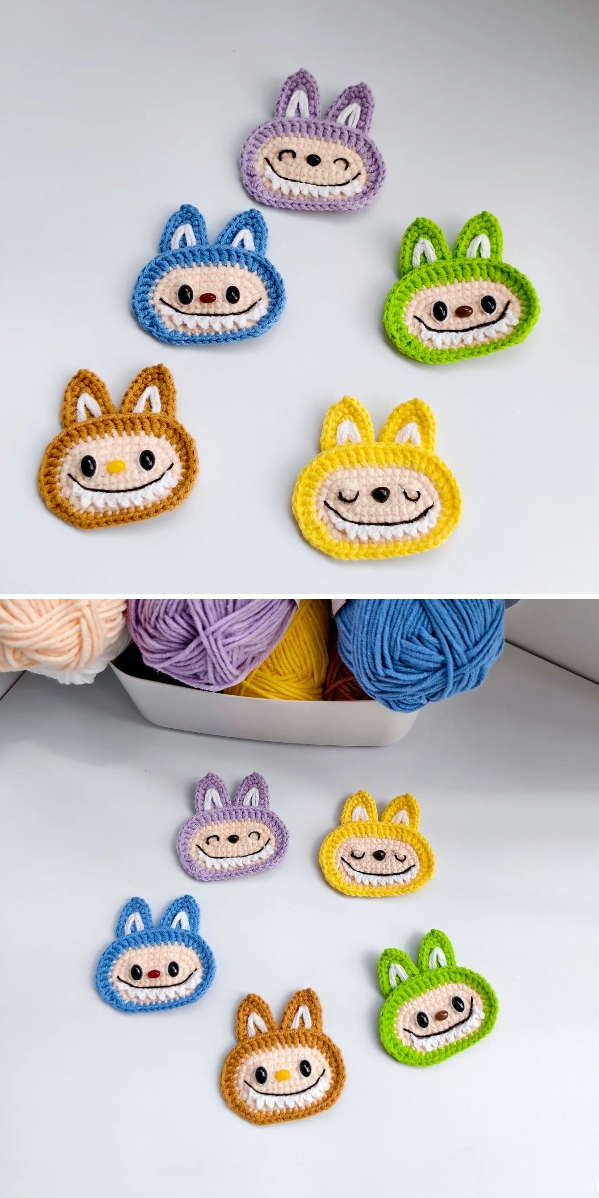 Four crocheted labubu appliqués in blue, green, yellow, and brown sit on a white surface, perfect as crochet hair clip accessories. Yarn balls can be seen in the background of the second image.