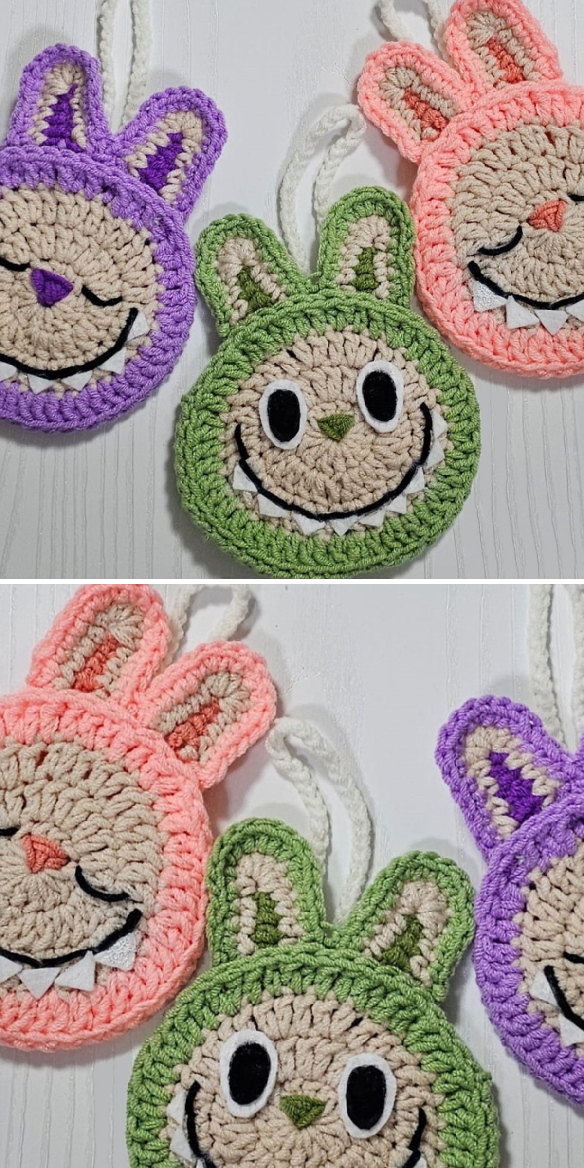 a set of crochet bags for kids with designs inspired by labubu dolls