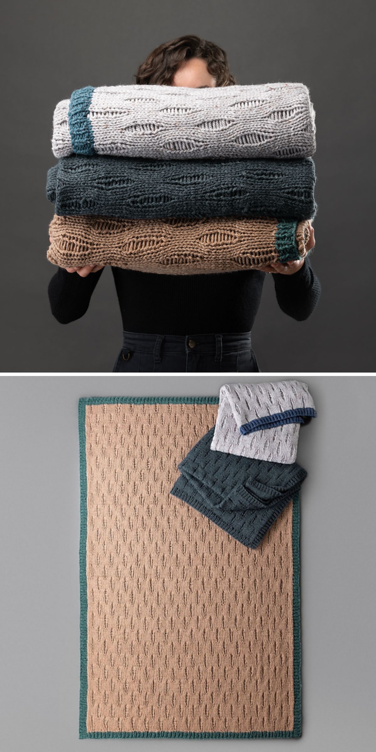 A person holds a stack of three knitted blankets; below, the blankets are displayed flat, highlighting their textures, colors — beige, gray, and dark blue with contrasting borders — and the free blanket knitting pattern used for each.
