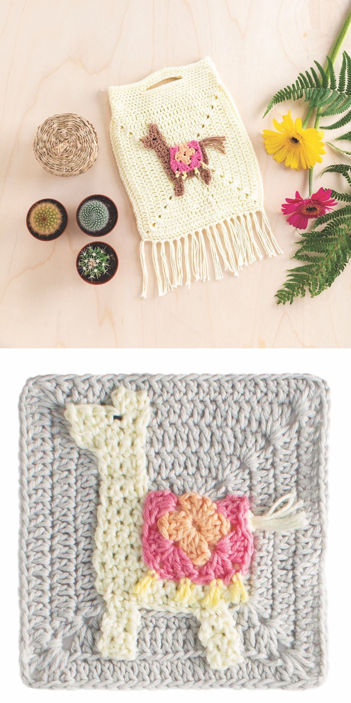 a small crochet kids’ bag with llama applique on it and playful tassel fringe at the bottom